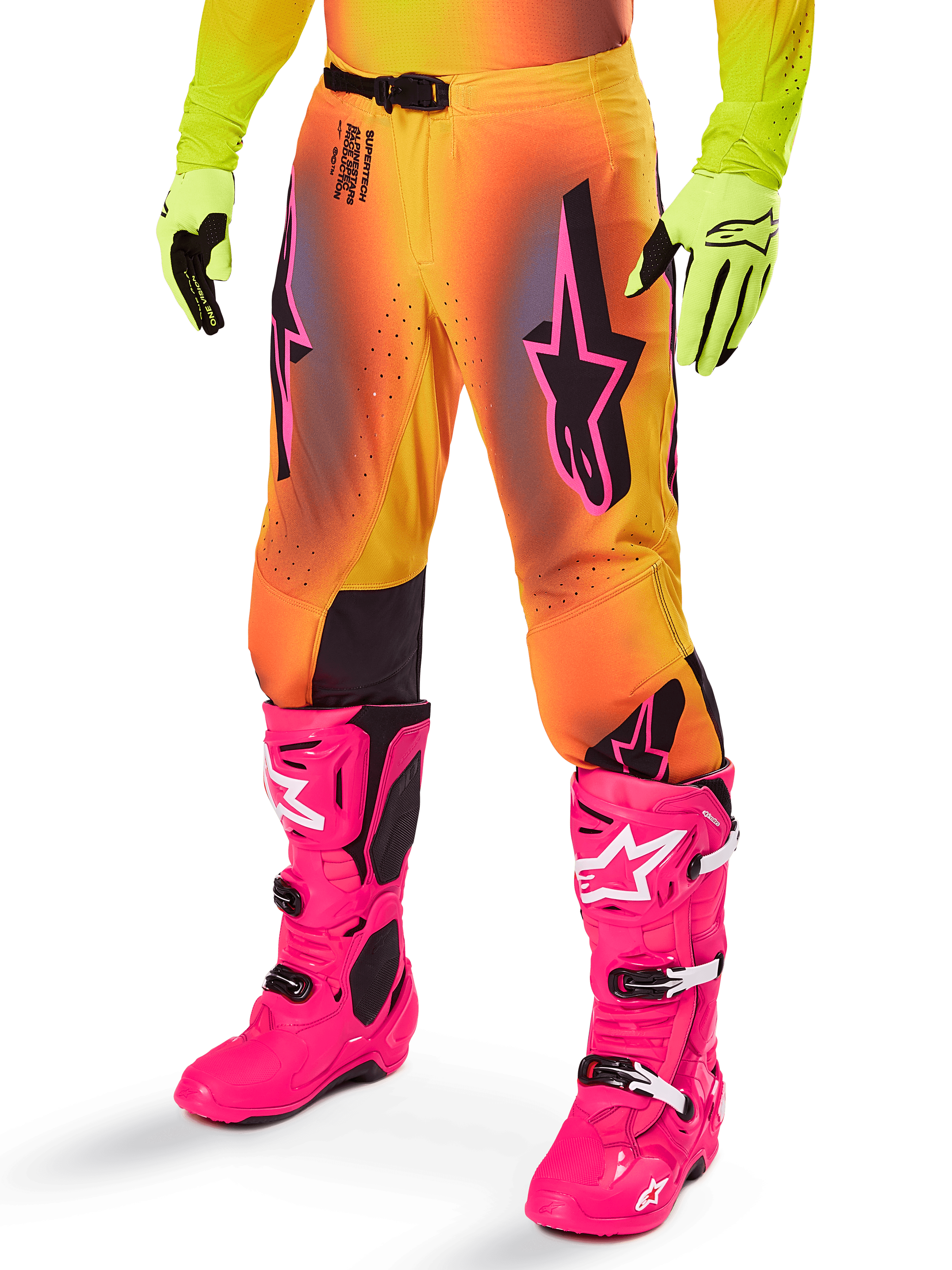 Alpinestars 2025 Supertech Lipan Ausrüstungsset, Motocross-Hose, gelb-oranger Farbverlauf mit Akzenten in Pink und Lila, markante schwarze Alpinestars-Logos auf den Oberschenkeln, gelbe Handschuhe und leuchtend pinke Motocross-Stiefel.