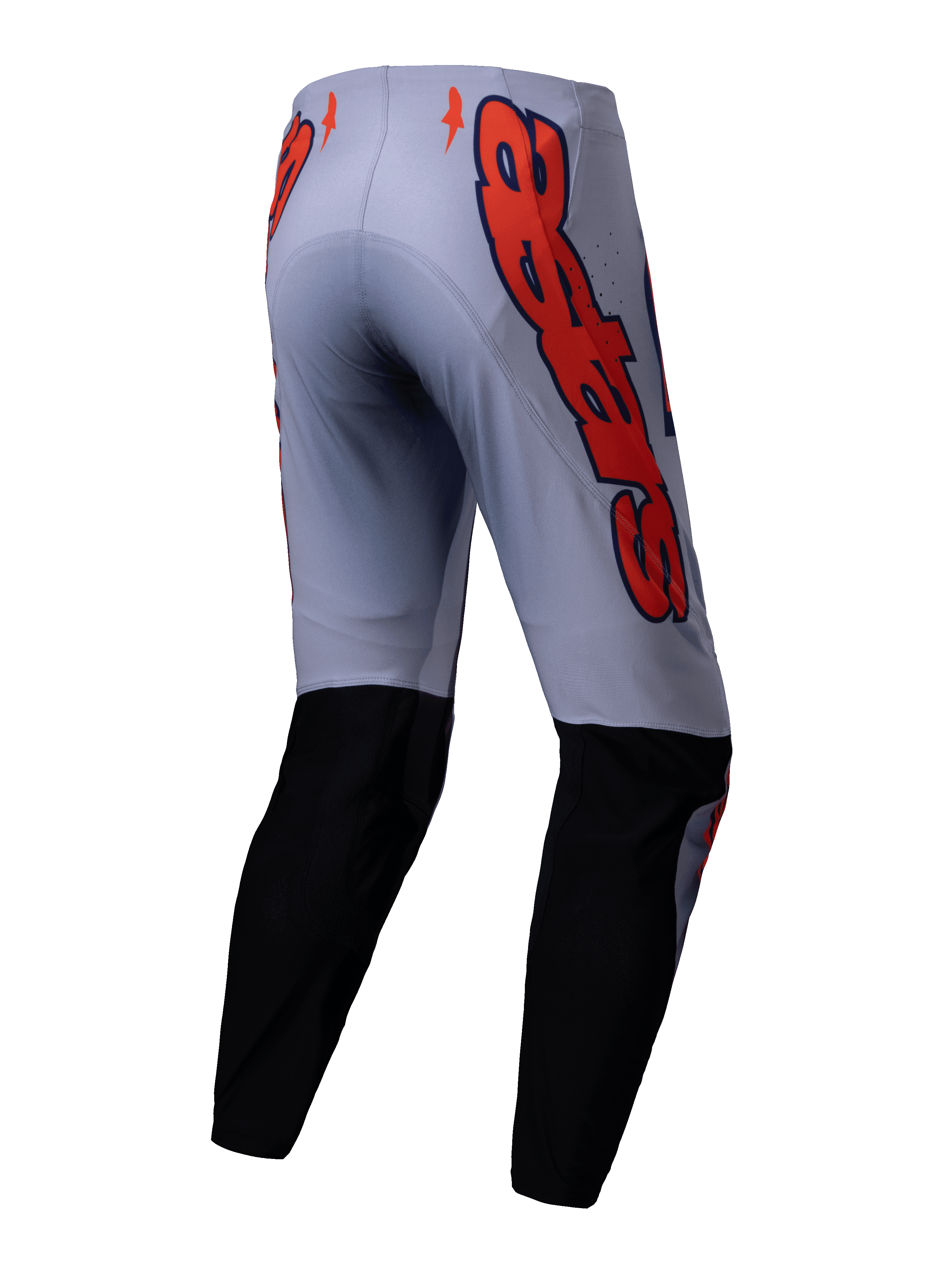 Alpinestars 2025 Supertech Lipan Pants, Motocross Pants, Gray and Orange Fluo, back view featuring black lower leg panels and large orange Alpinestars logo graphics on the hips, athletic fit for off-road racing