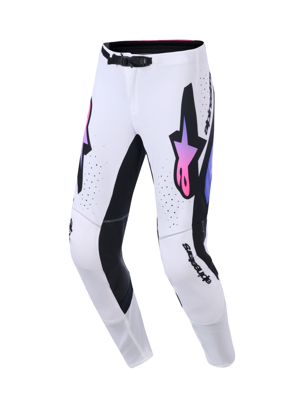 Alpinestars 2026 Supertech AFD Vista Pants, Motocross Pants, White with Black and Pink-Purple gradient accents, featuring prominent star logos on the thighs, laser-cut perforations, and athletic-fit construction for professional-level off-road racing