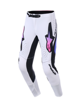 Alpinestars 2026 Supertech AFD Vista Hose, Motocross-Hose, Weiß, Lila und Schwarz, mit einem großen schwarzen Astars-Logo mit pinkem und lila Farbverlauf, schwarzen Innenbein-Einsätzen und einer SX1 Magnet-Taillenschnalle, entwickelt für Performance im Offroad-Rennsport.