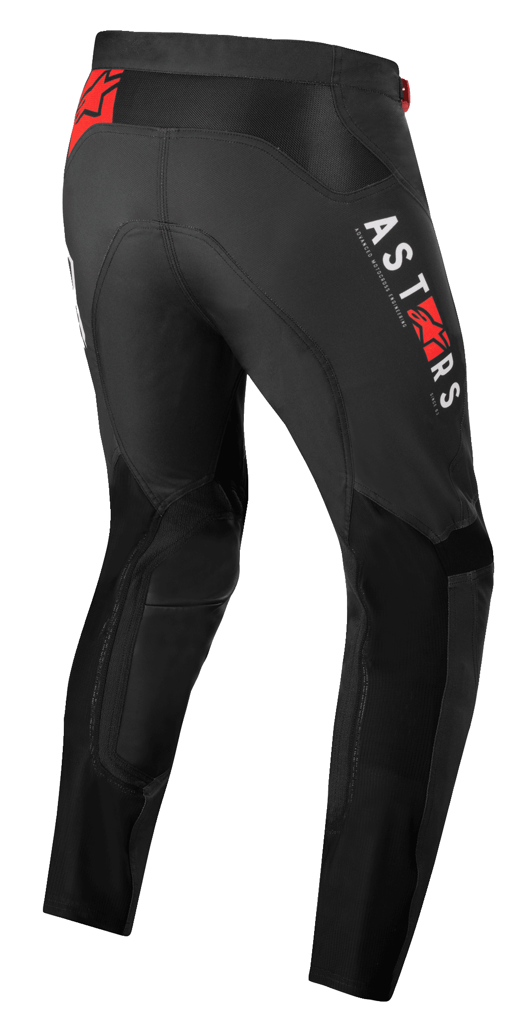 Alpinestars Supertech Foster Hose, Motocross-Hose, Schwarz mit vertikalem weißem ASTARS-Branding und roten Stern-Logos, leistungsstarke Textilkonstruktion mit Mesh-Einsätzen für Belüftung und Bewegungsfreiheit