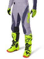 Alpinestars 2025 Techstar Dreem Gear Set, Motocross Pants and Jersey, Gray with dark purple and neon yellow accents, worn with matching neon yellow boots and gloves, professional racing fit for off-road motocross