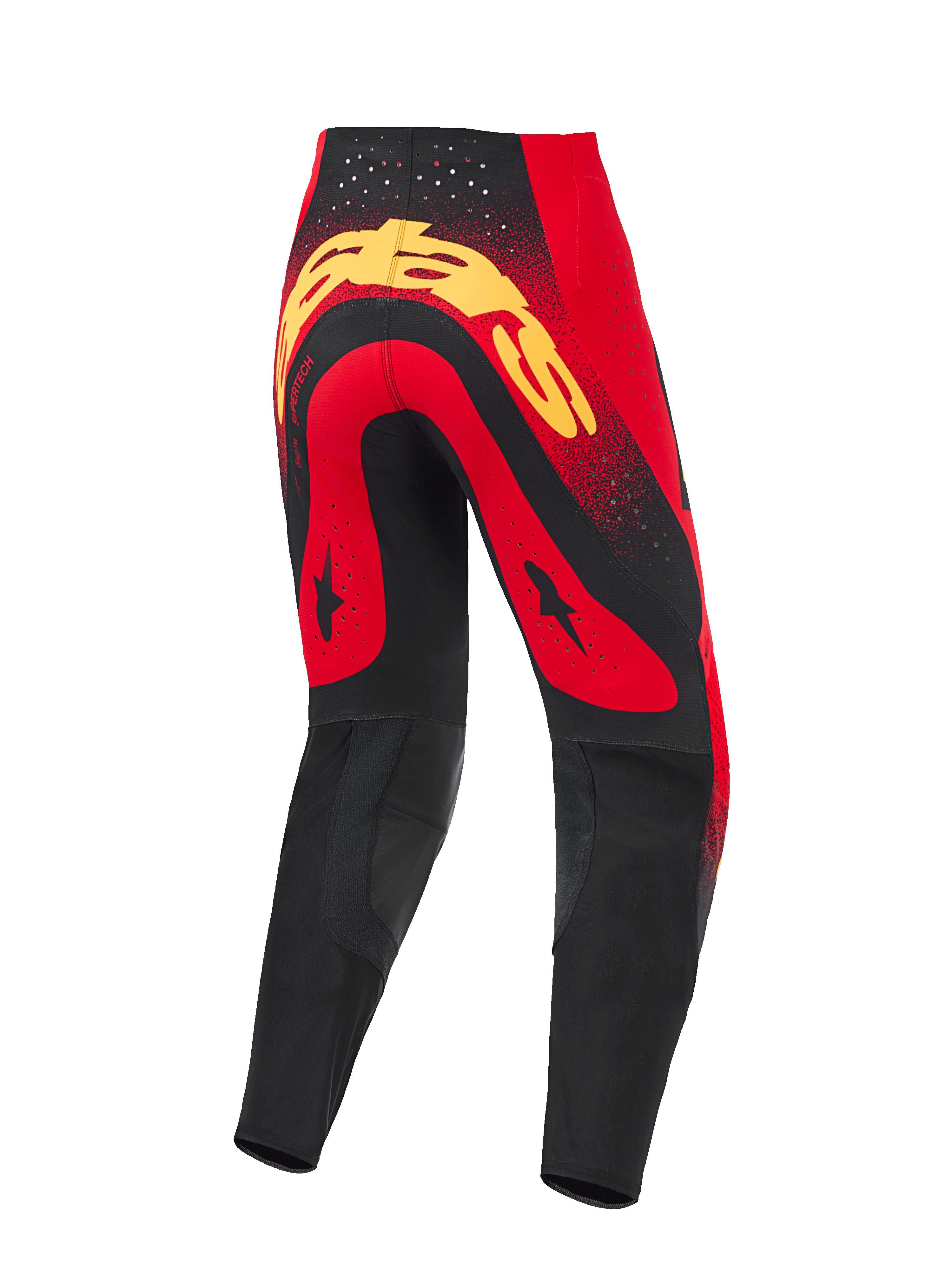 Alpinestars 2026 Supertech Scenz Pants, Motocross Pants, Red Black and Yellow, rear view featuring a large yellow logo across the seat, red panels with black star graphics, laser-cut perforations at the waist, and black reinforced lower leg panels.