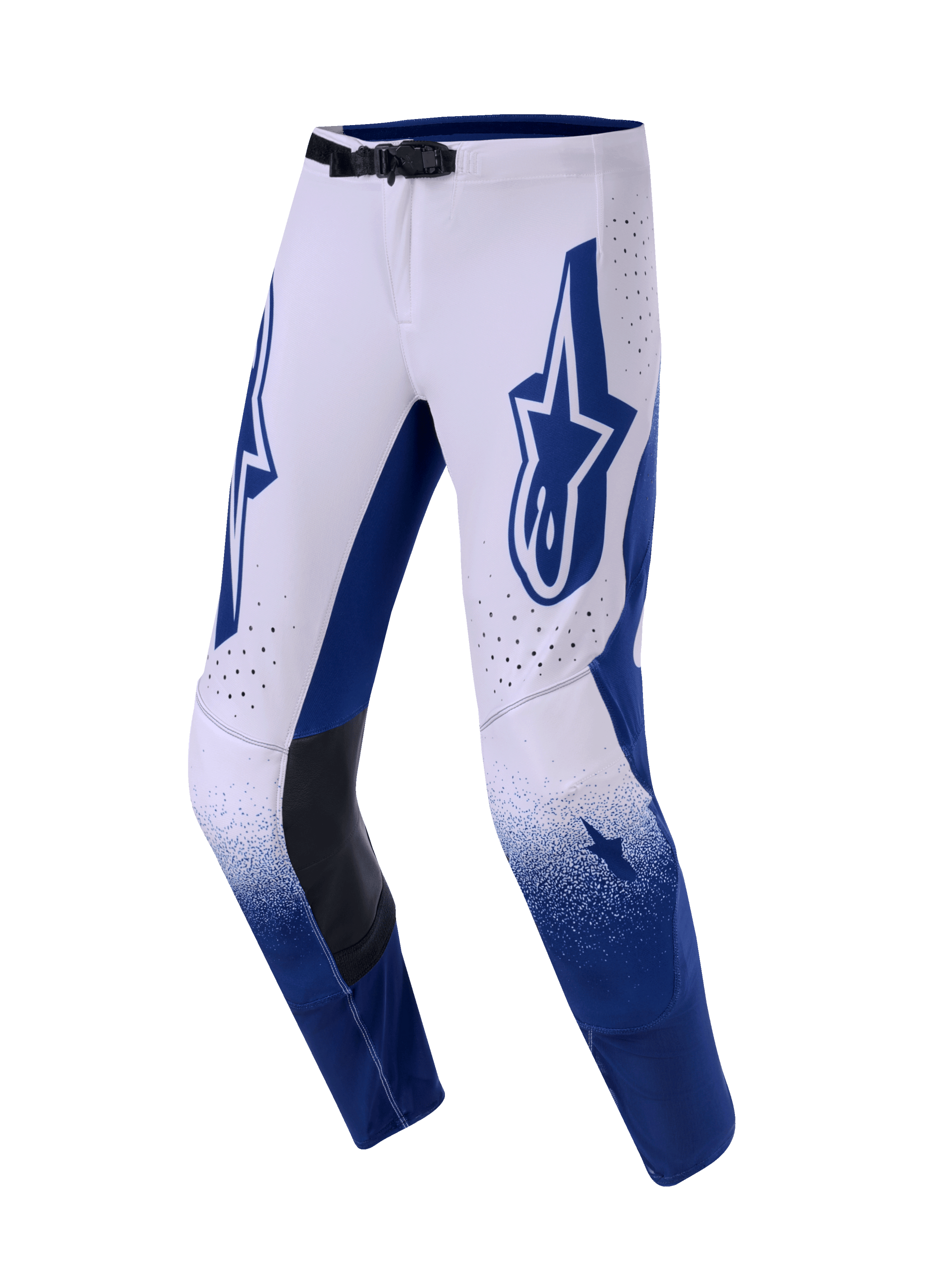 Alpinestars 2026 Supertech Scenz Hose, Motocross-Hose, Hellgrau und Dunkelblau, mit großem blauem Astars-Logo auf dem Oberschenkel, schwarzen Leder-Innenknieeinsätzen und perforierten Belüftungslöchern, Farbverlaufseffekt an den Unterschenkeln, professionelle Rennausrüstung für Offroad-Performance