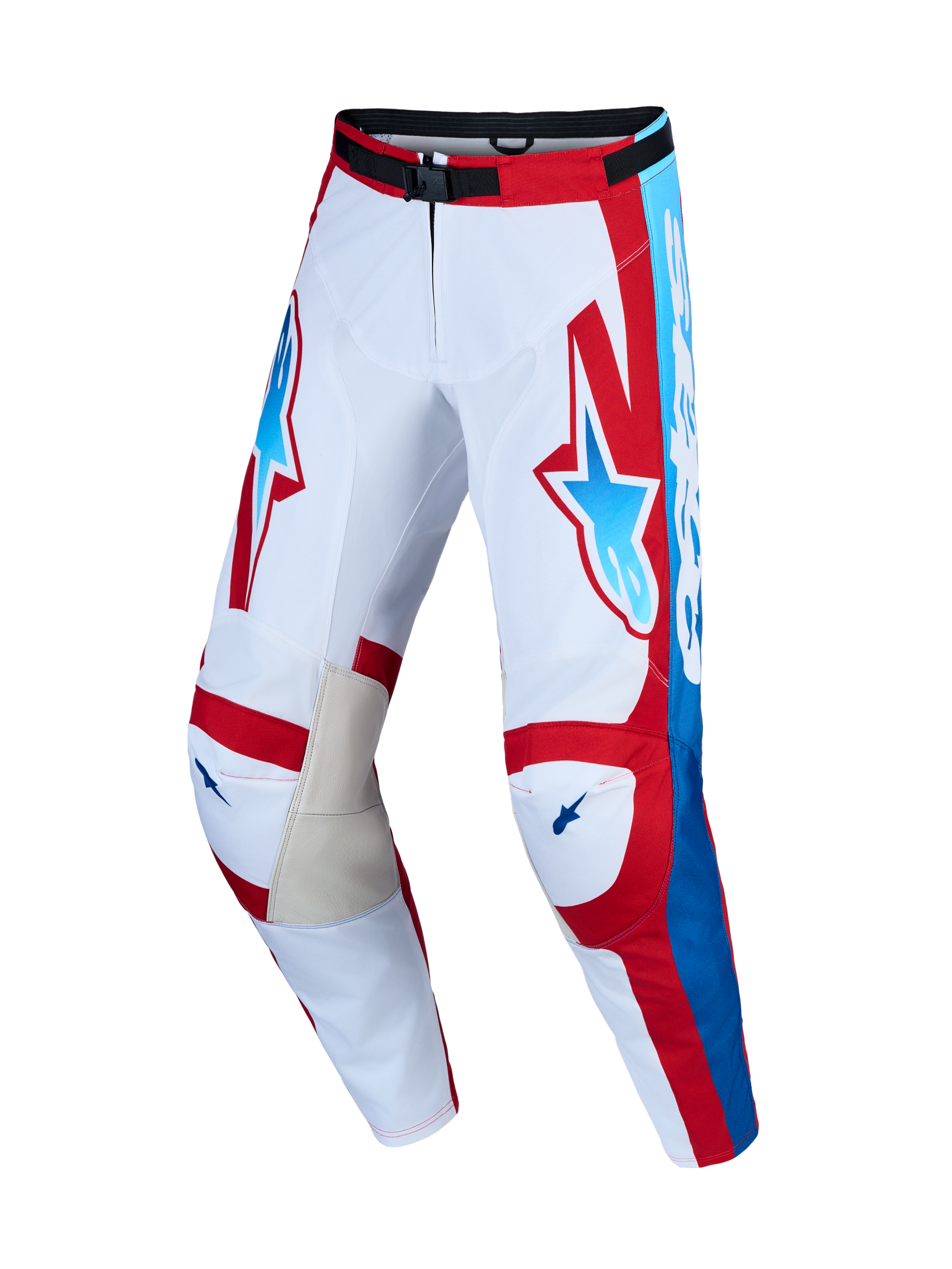 Alpinestars Racer Hunt Hose und Gear Set, Motocross-Hose für Herren, Weiß und Rot mit blauen Akzenten, Leder-Innenknieeinsätze, Rennpassform.