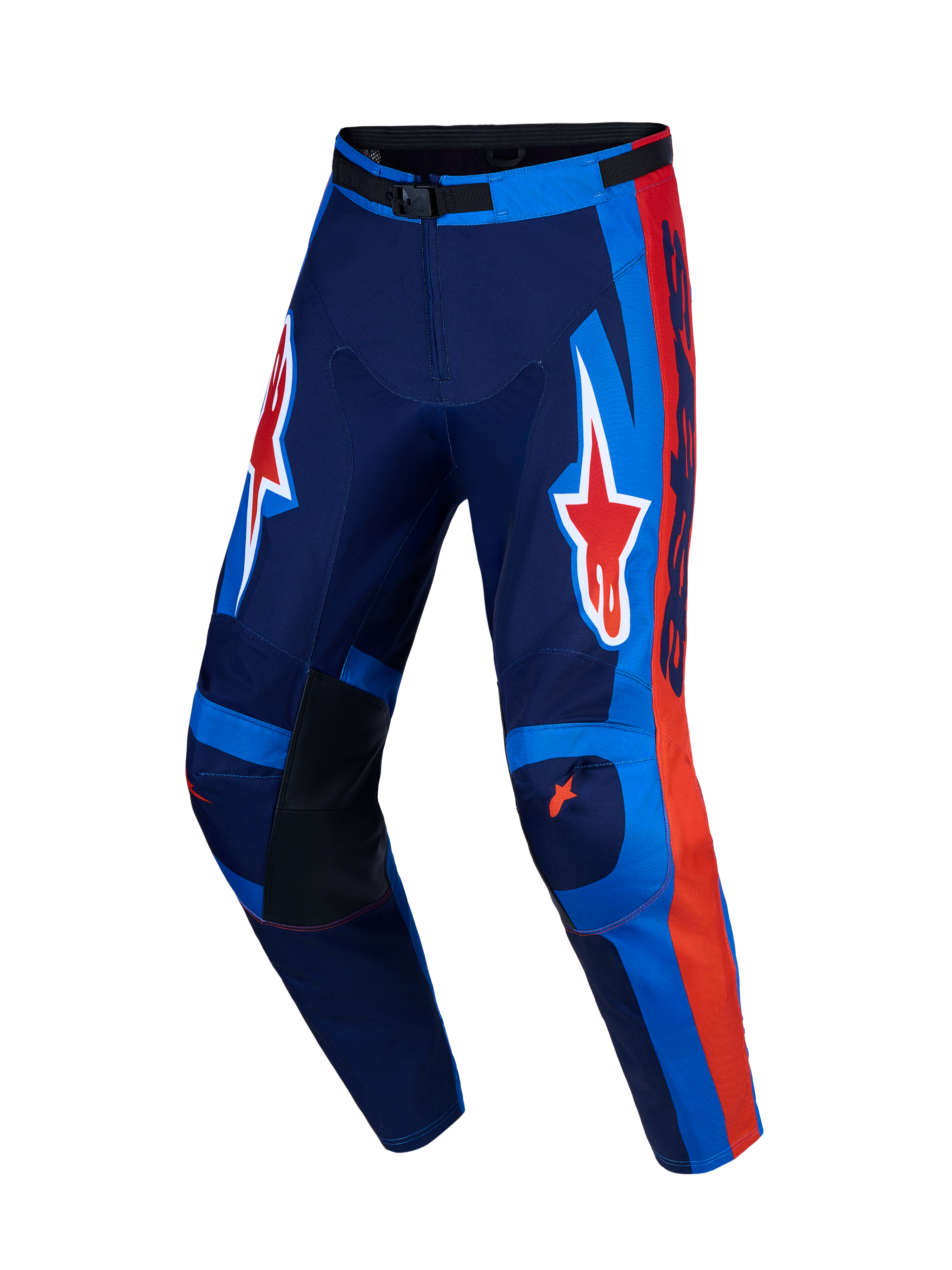 Alpinestars Racer Hunt Hose, Herren-Motocross-Hose in Blau und Rot, 600D-Polygewebe und vorgekrümmte Beine.