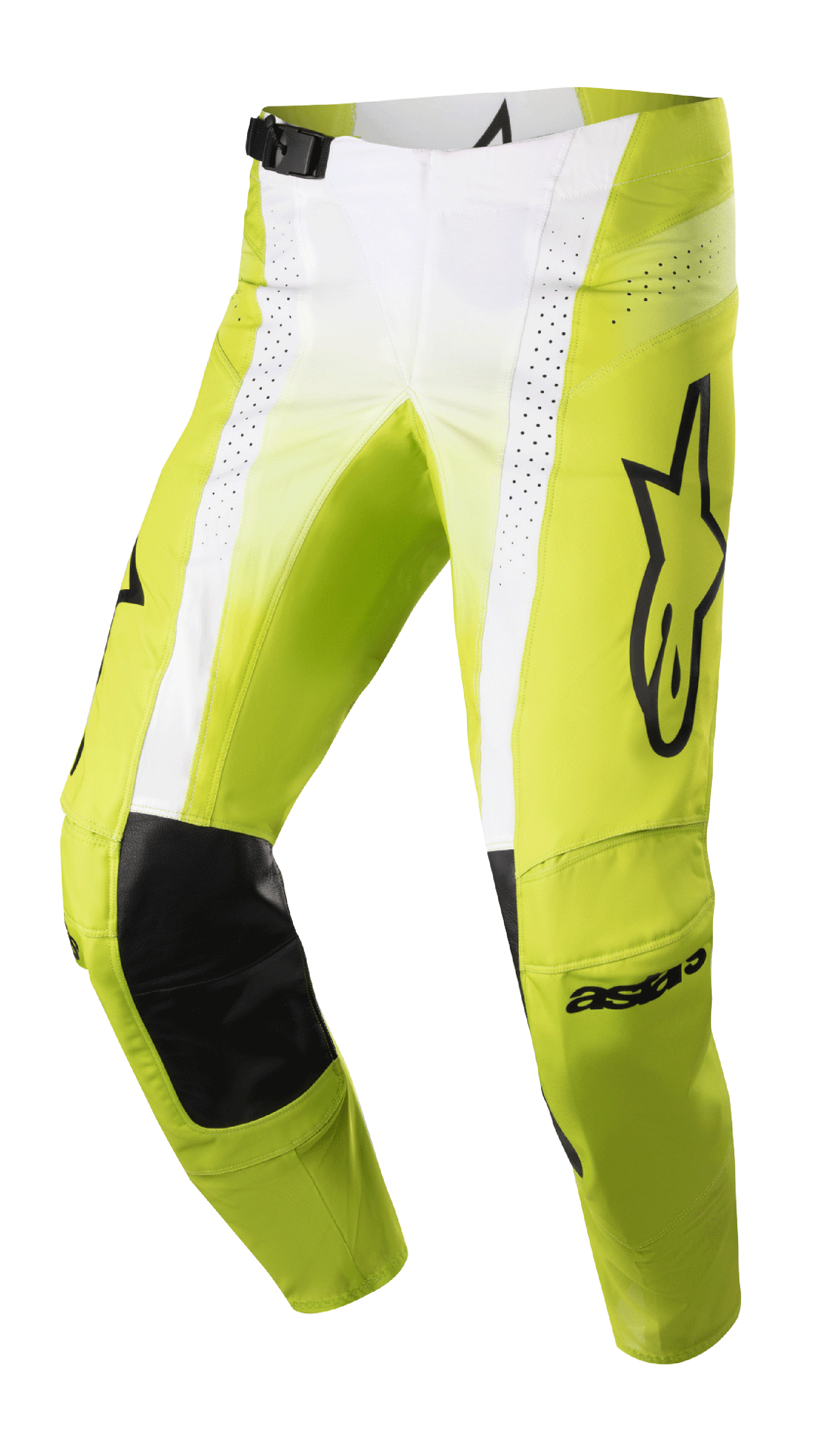 Alpinestars 2023 Techstar Push Hose, Motocross-Hose, Gelb Fluo und Weiß mit schwarzen Akzenten, mit schwarzen Lederverstärkungen an den Knieinnenseiten, perforierten Belüftungseinsätzen, großem schwarzem Logo am Oberschenkel und verstellbarer Taillenschnalle, Hochleistungs-Offroad-Ausrüstung