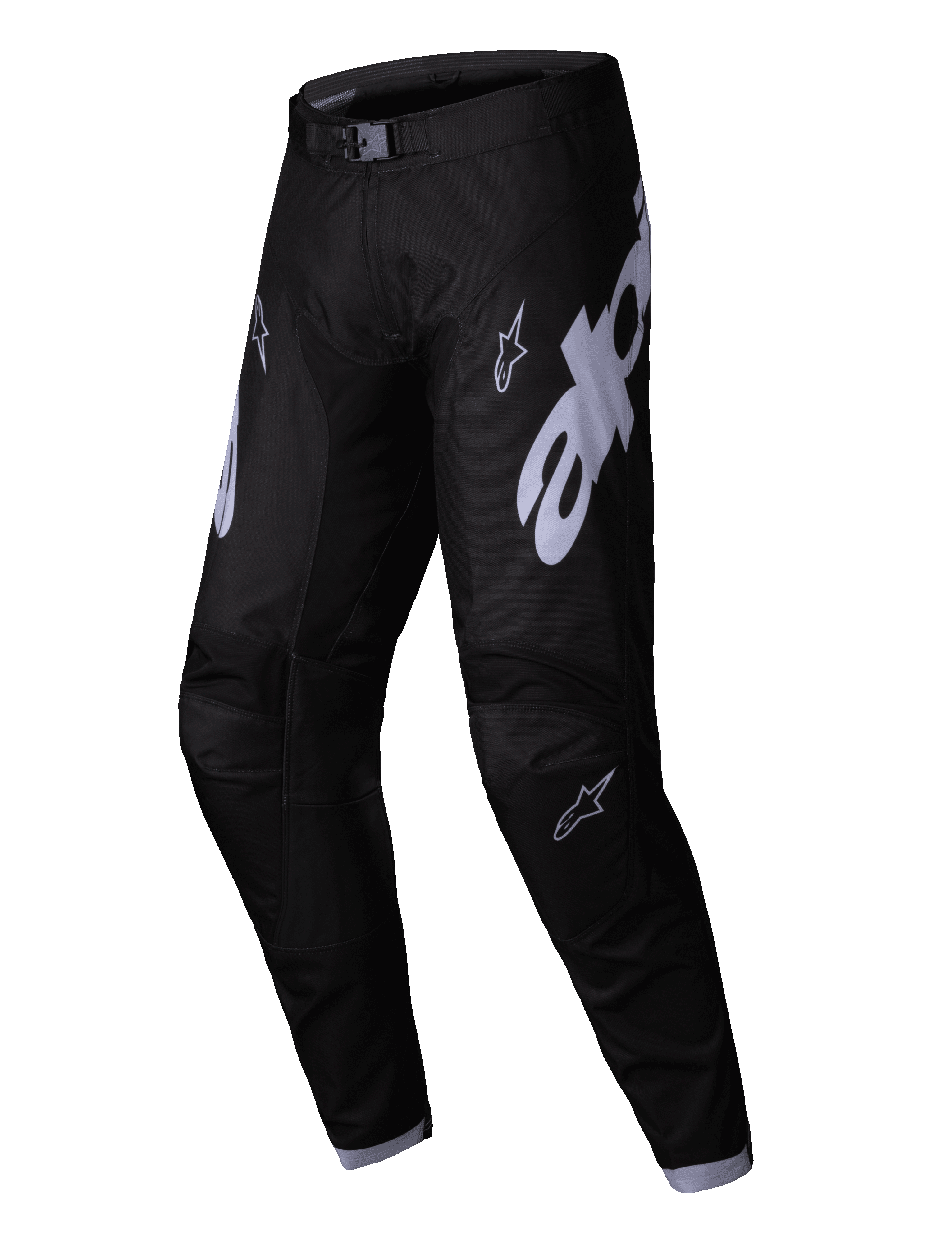 Alpinestars 2025 Racer Graphite Pants, Motocross Pants, Black and Gray, featuring large gray Alpinestars logos on the thighs, pre-curved leg design, and a magnetic waist buckle for off-road racing performance