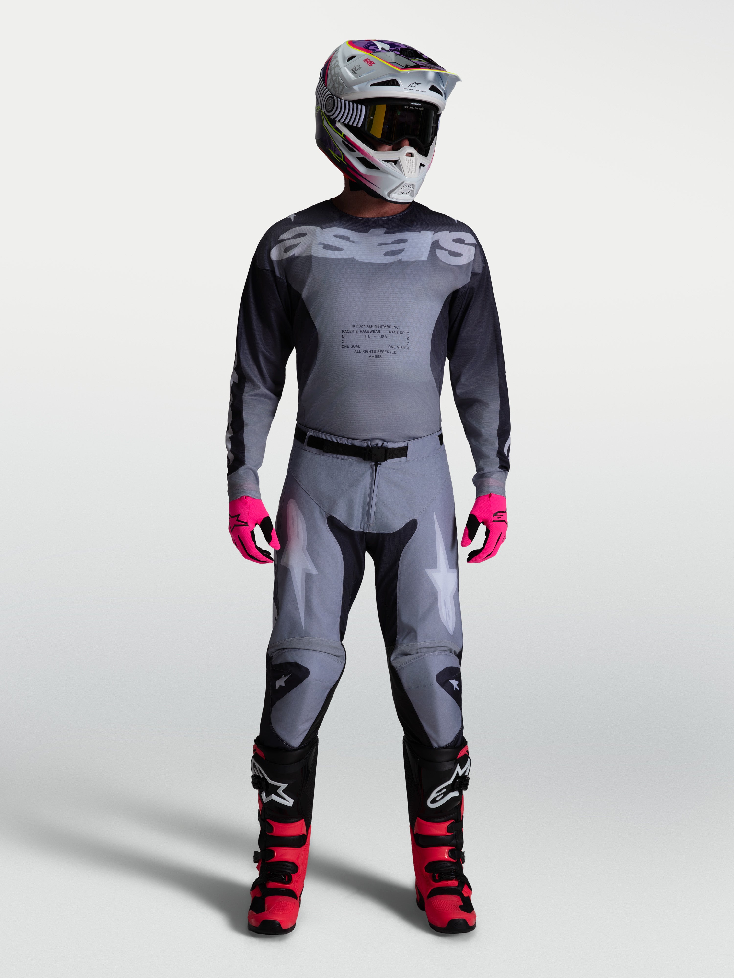 Alpinestars Racer Amber Hose, Motocrosshose für Herren, Grau mit Akzenten in Helllila, vorgekrümmte Rennpassform.