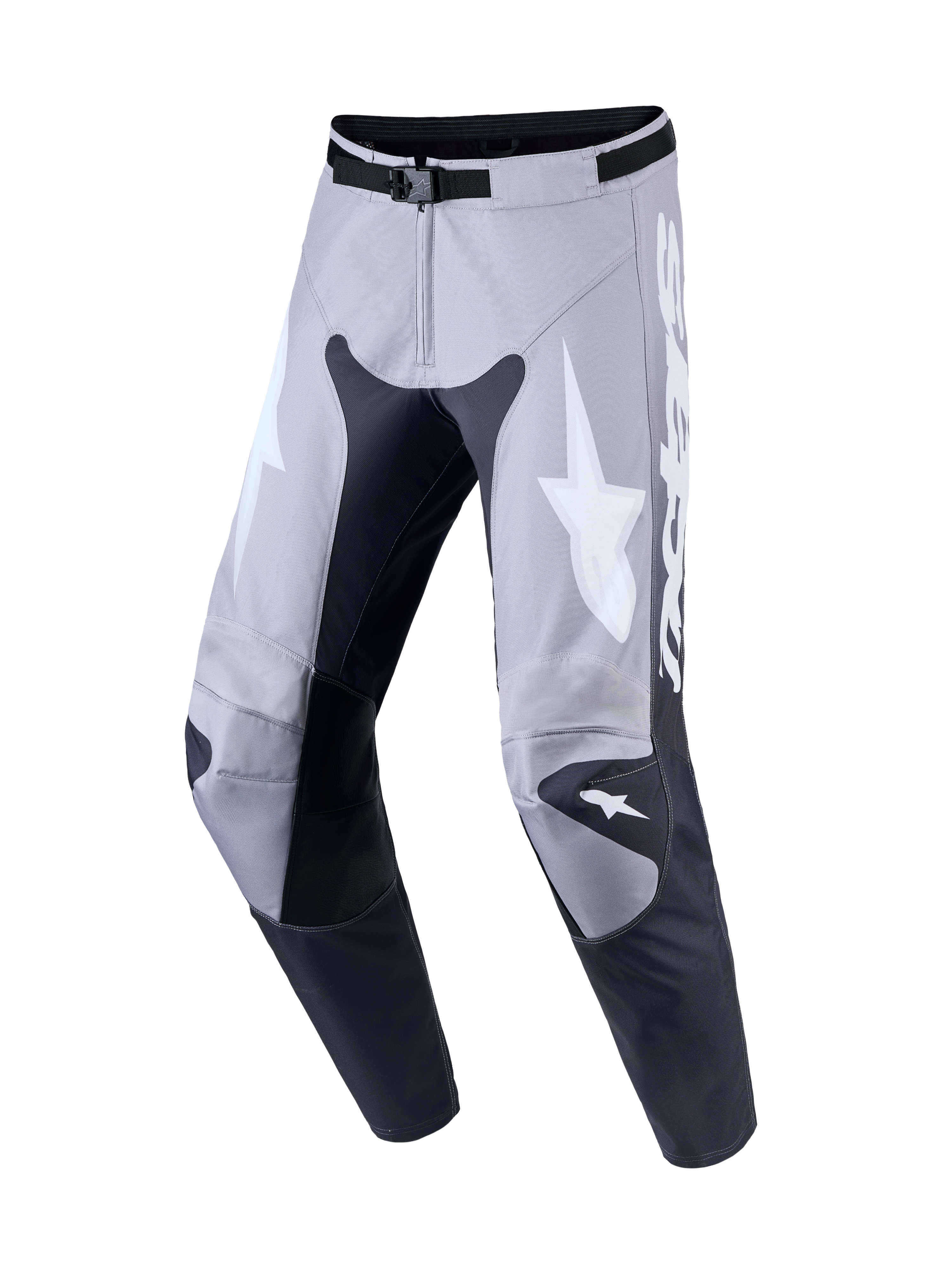 Alpinestars Racer Amber Hose, Herren-Motocrosshose, Grau und Helllila, aus 600D-Polygewebe mit Knieeinsätzen aus Leder.