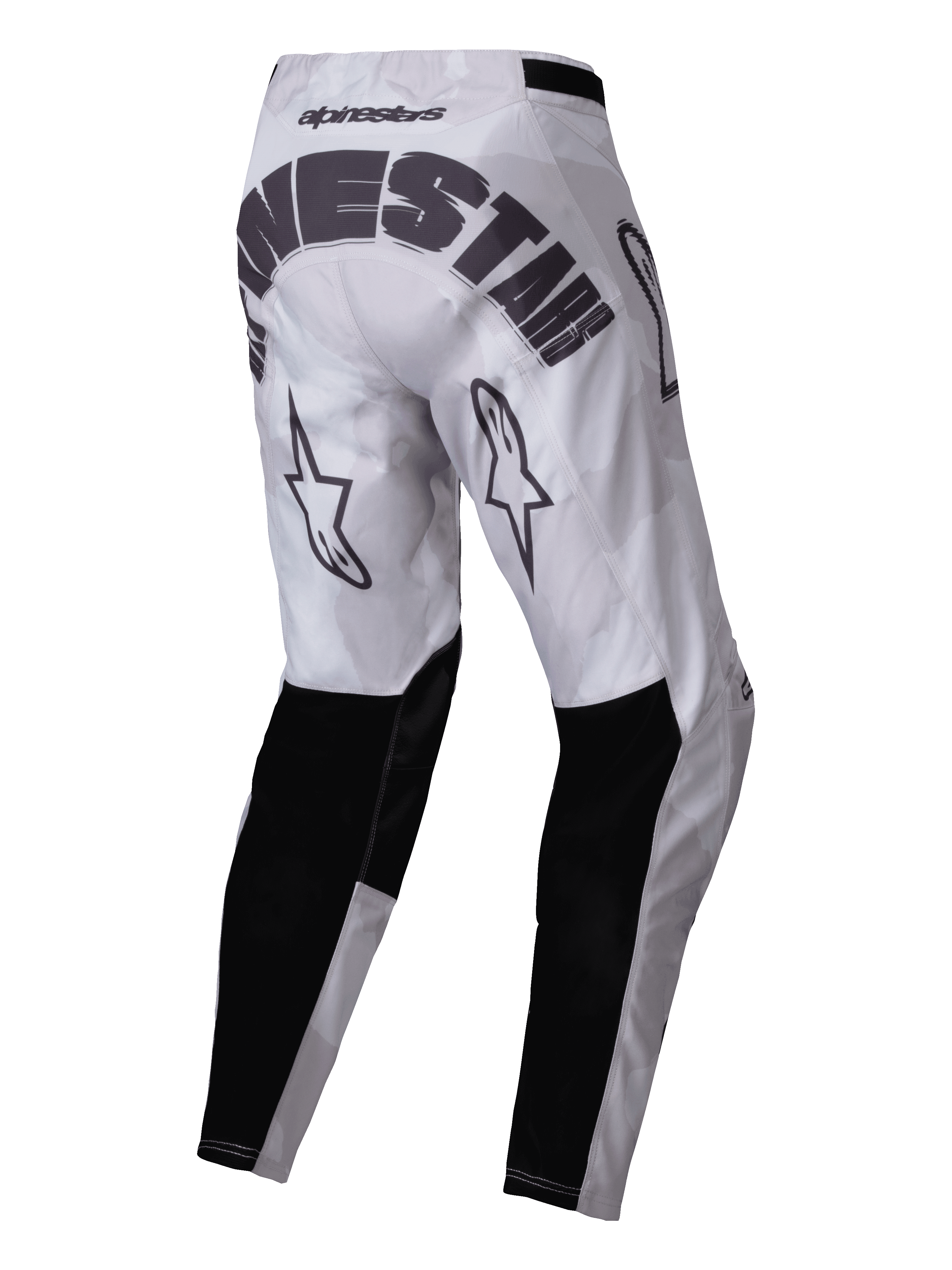Alpinestars 2025 Racer Hollow Hose, Motocross-Hose, Light Camo Brown, Rückansicht mit markantem schwarzem Alpinestars-Branding über dem Gesäß, Stern-Logos auf der Rückseite der Oberschenkel und schwarzen verstärkten Einsätzen an den Unterschenkeln, sportliches Offroad-Design mit hellgrauem Camouflage-Muster
