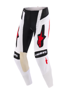 Alpinestars 2026 Techstar Knif Pants, Motocross Pants, White Black and Red, featuring bold Alpinestars logos on the thighs and knees, tan goat leather inner knee panels, perforated details for airflow, and a durable racing design for off-road competition.
