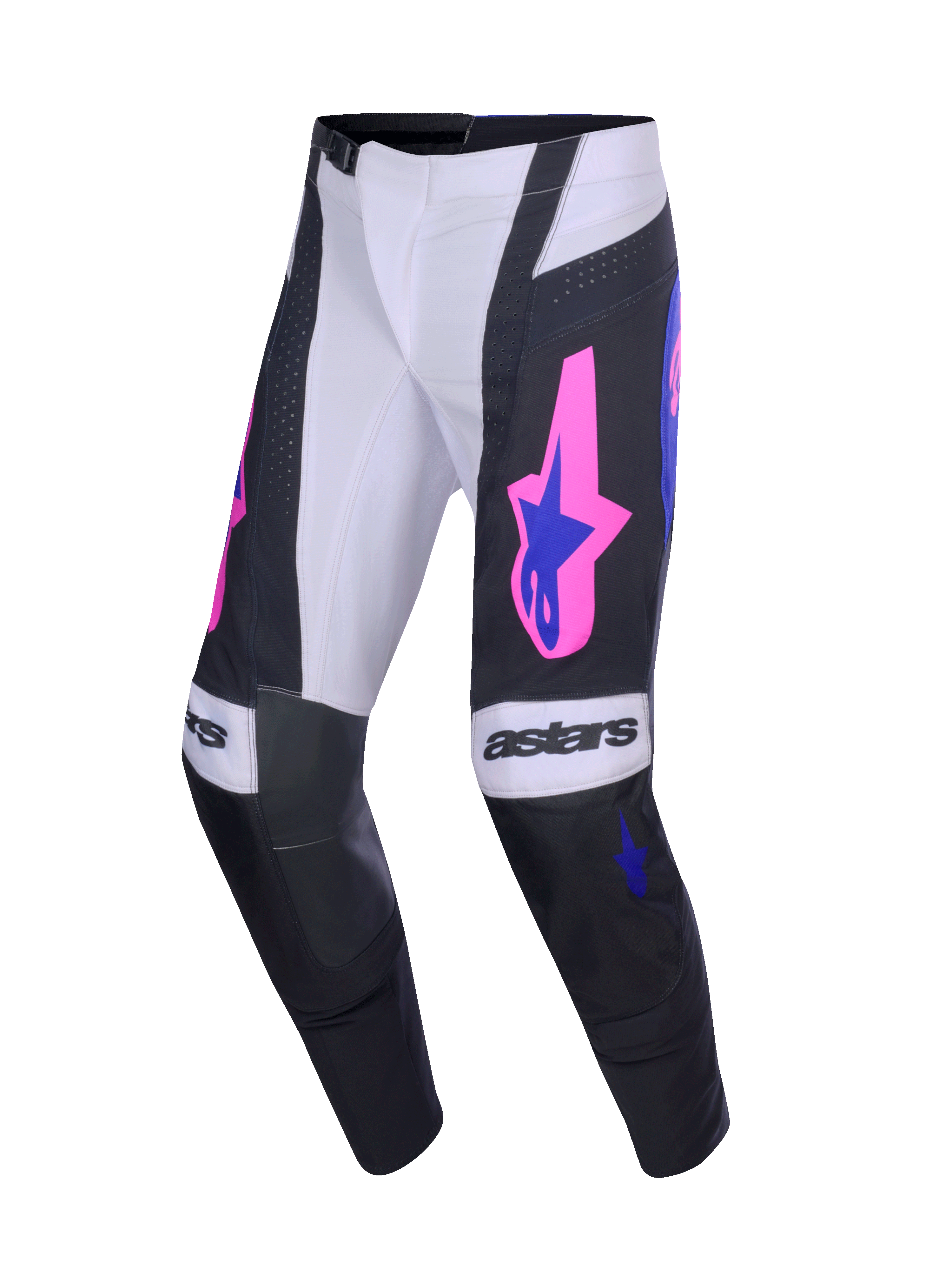 Alpinestars 2026 Techstar Knif Hose, Motocross-Hose, Schwarz und Hellgrau mit lila und leuchtend pinken Akzenten, auffälliges „astars“-Branding auf den Knien, Stern-Logos auf den Oberschenkeln, ergonomischer Rennschnitt für Performance-Offroad-Fahrten.