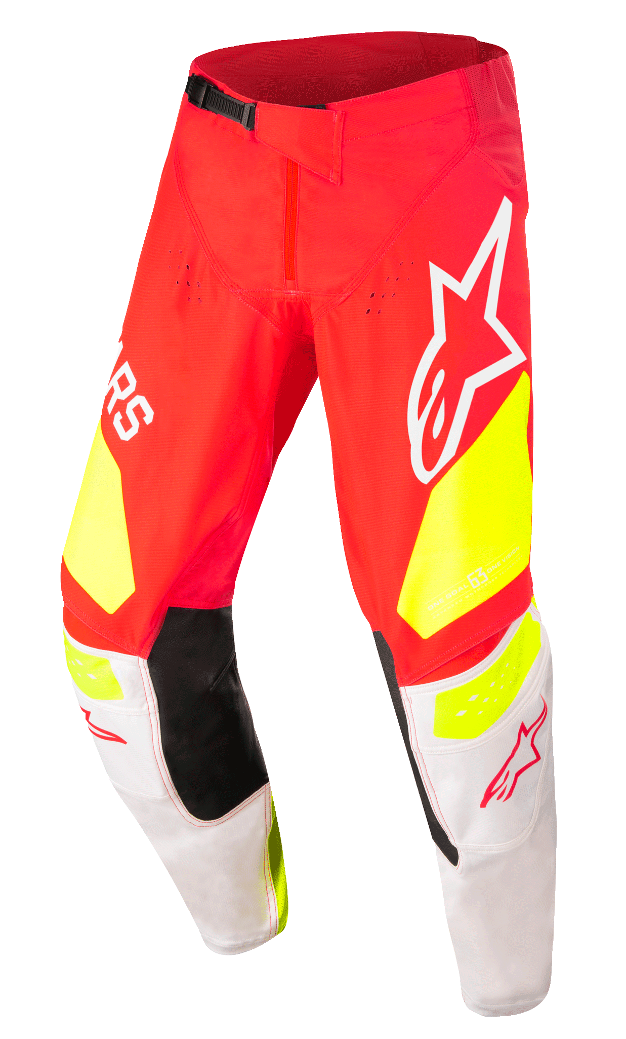 Alpinestars Techstar Factory Pants, Motocross Racing Pants, Red with Fluo Yellow and White accents, featuring black inner knee panels, large Alpinestars logos, perforated ventilation holes, and a black adjustable waist buckle.