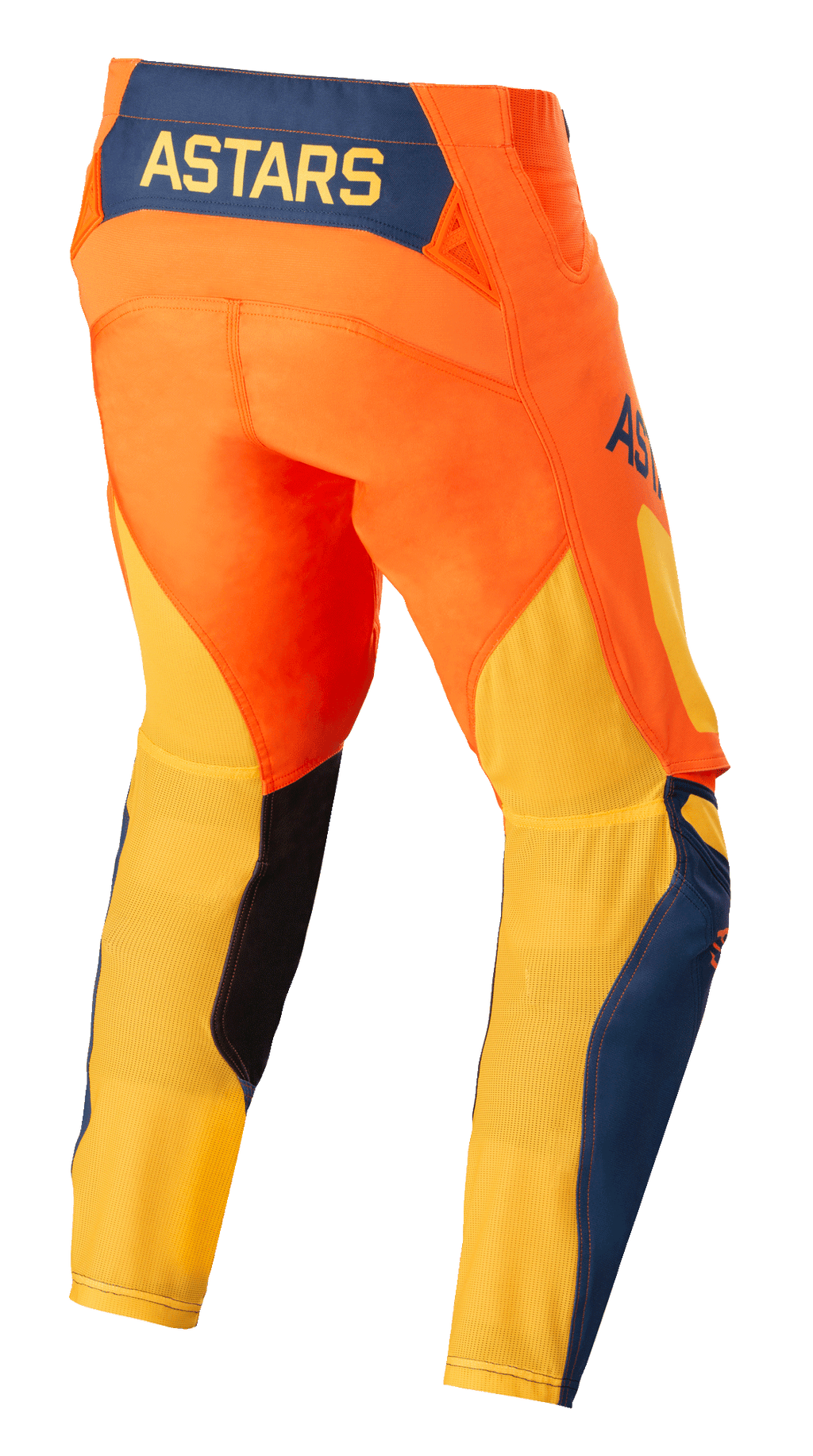 Alpinestars Techstar Factory Hose, Motocross-Hose, Orange, Dunkelblau und Warmes Gelb, Rückansicht mit gelbem ASTARS-Logo auf dunkelblauem Rückeneinsatz, leuchtend orangefarbenes Hauptteil mit atmungsaktivem gelbem Mesh an den Unterschenkeln und blauen Akzenten