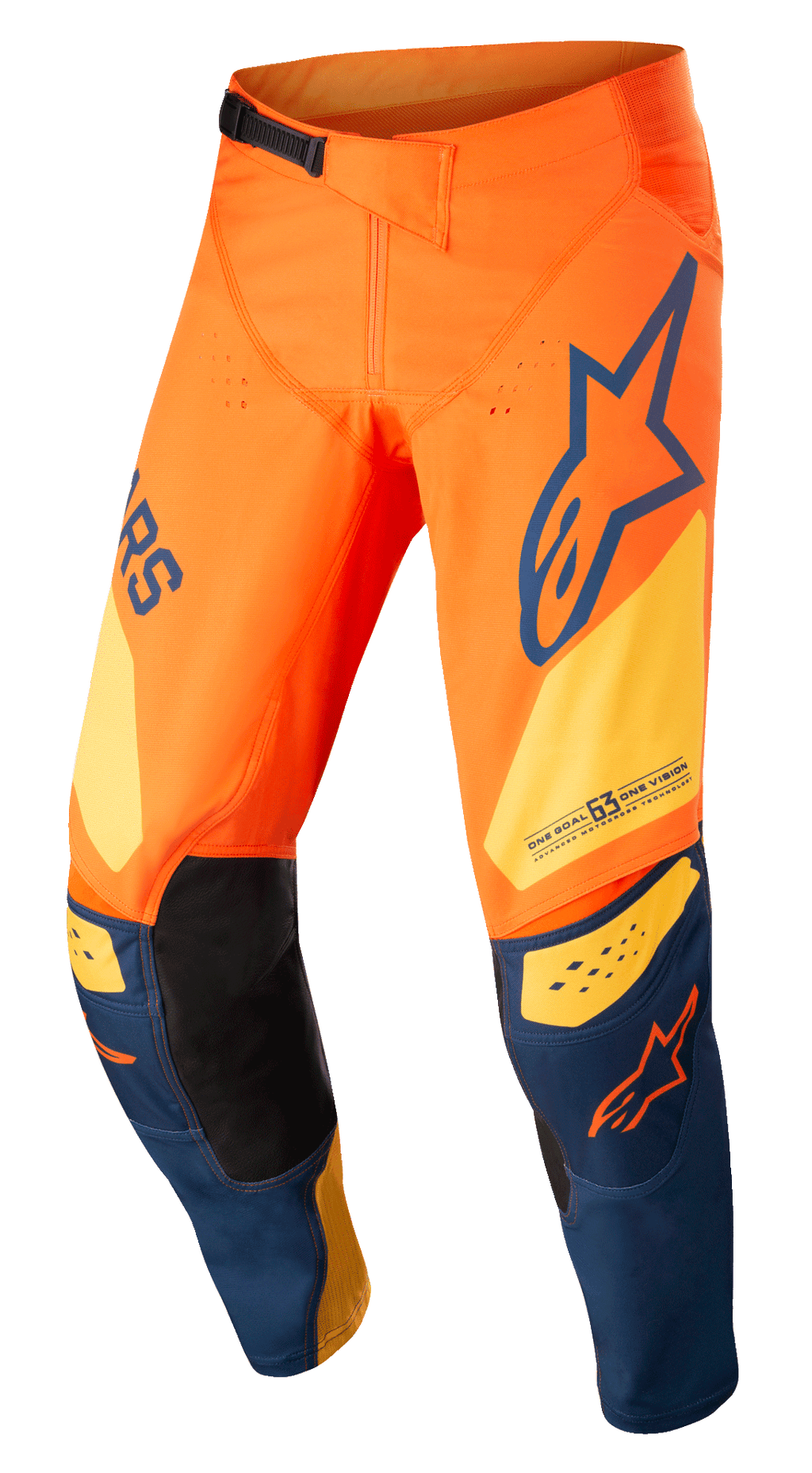 Alpinestars Techstar Factory Hose, Motocross-Hose, Orange und Dunkelblau mit warmem Gelb, auffälliges Branding, 3D Babel Kniekonstruktion mit schwarzen Leder-Innenbesätzen und verstellbares Ratschensystem am Bund für Offroad-Rennsport.