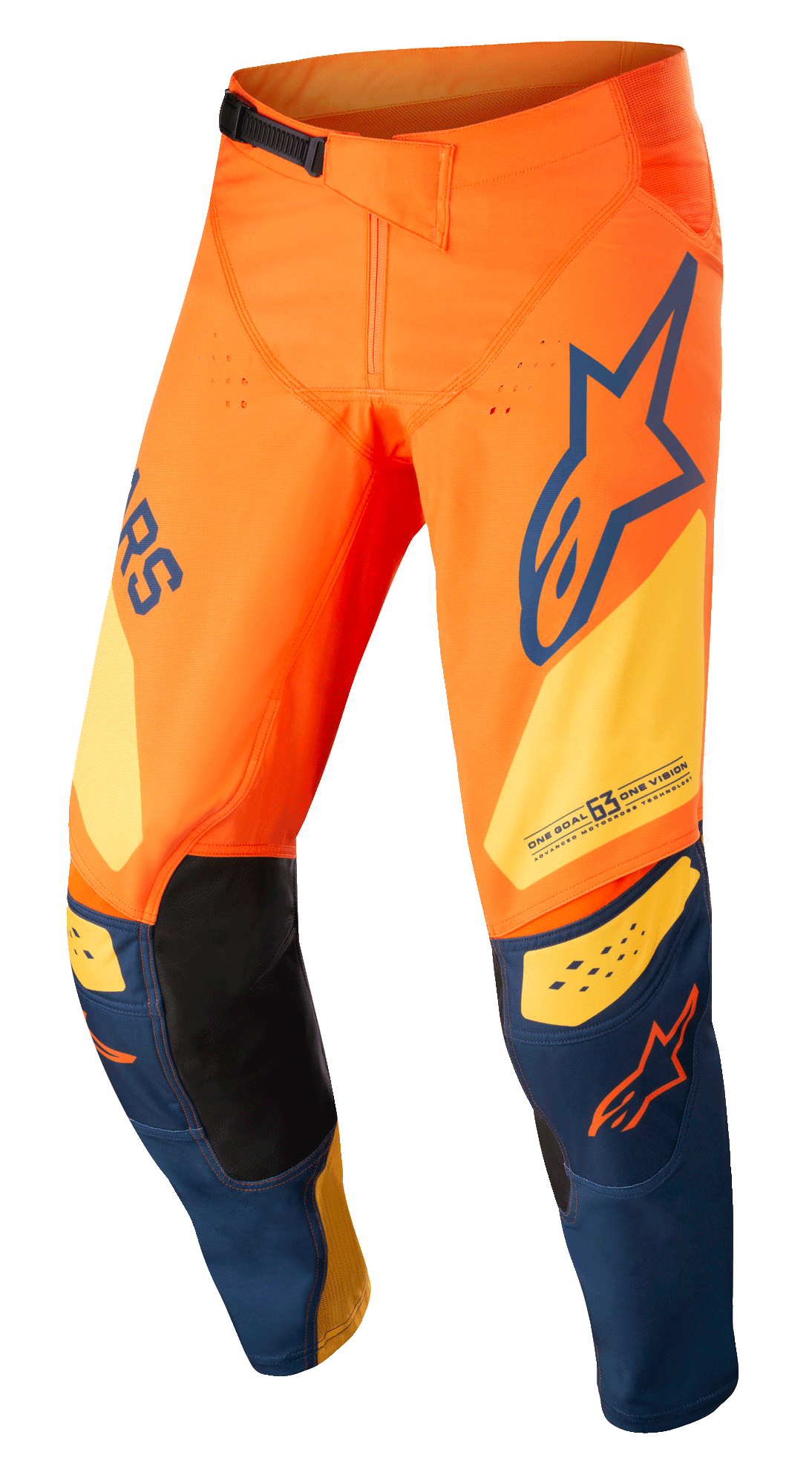 Alpinestars Techstar Factory Hose, Motocross-Hose, Orange und Dunkelblau mit warmem Gelb, auffälliges Branding, 3D Babel Kniekonstruktion mit schwarzen Leder-Innenbesätzen und verstellbares Ratschensystem am Bund für Offroad-Rennsport.