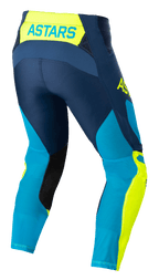 Alpinestars Techstar Factory Hose, Motocross-Hose, Dunkelblau, Neongelb und Hellblau (Blue Neo), Rückansicht mit 'ASTARS'-Branding am Hosenbund, perforierte Mesh-Einsätze zur Kühlung, schwarze Einsätze an der Beininnenseite und vorgeformte Race-Passform für Offroad-Performance.