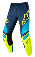Alpinestars Techstar Factory Hose, Motocross-Hose, Dunkelblau, Neongelb und Hellblau, mit schwarzen Knie-Innenseiten, gelbem Stern-Logo am Oberschenkel, „ONE GOAL ONE VISION“-Branding und perforierten Belüftungszonen für Offroad-Performance
