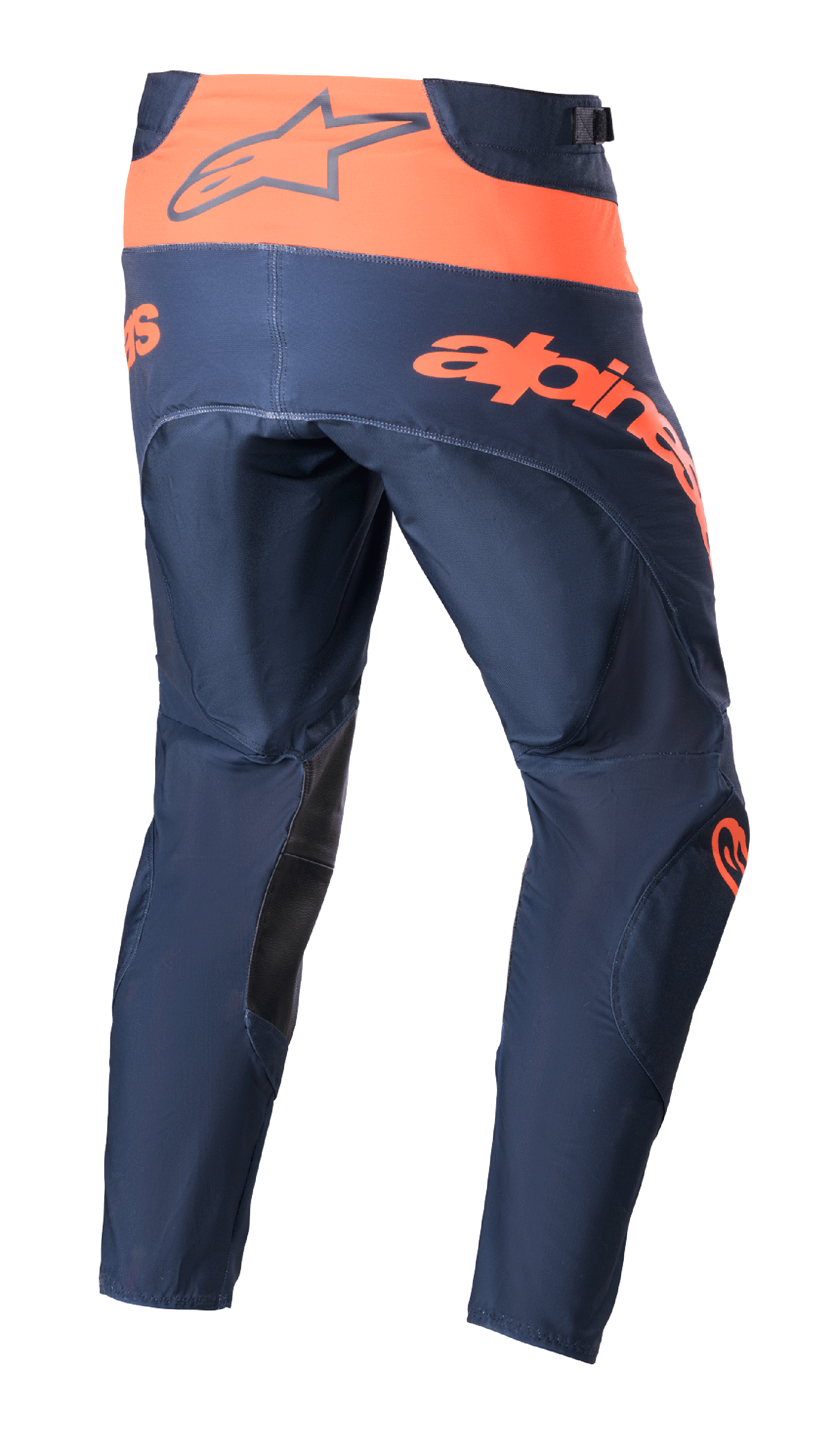 Alpinestars 2023 Techstar Arch Hose, Motocross-Hose, Night Navy und Hot Orange, Rückansicht mit orangefarbenem Bund und Alpinestars-Logo, großer orangefarbener Schriftzug am Gesäß, schwarze Verstärkungen an der Beininnenseite