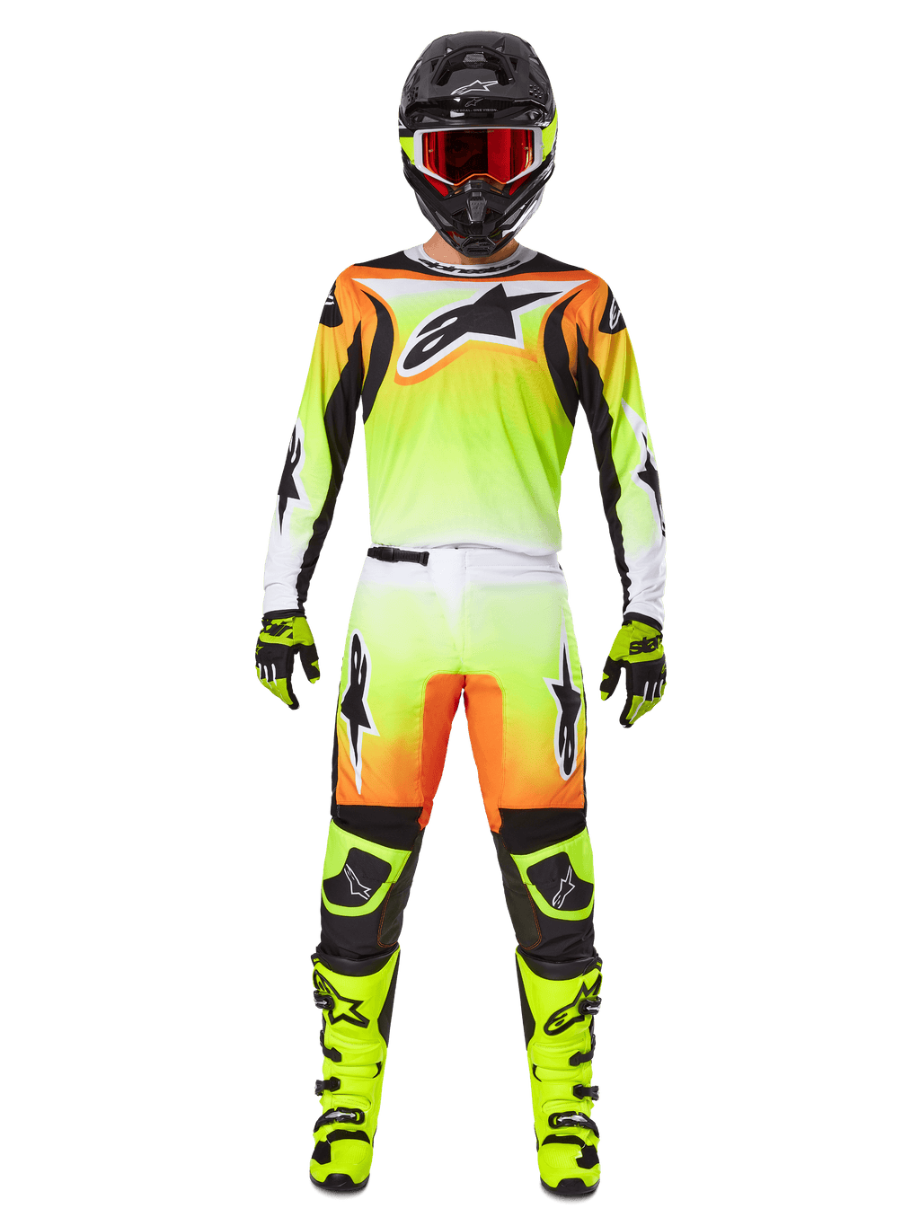 Alpinestars 2025 Fluid Wurx Hose, Motocross-Hose, Gelb und Schwarz mit orange-weißem Farbverlauf, kombiniert mit passendem Trikot, leuchtend gelben Stiefeln und schwarzem Helm mit roter Brille, komplette Motocross-Rennausrüstung