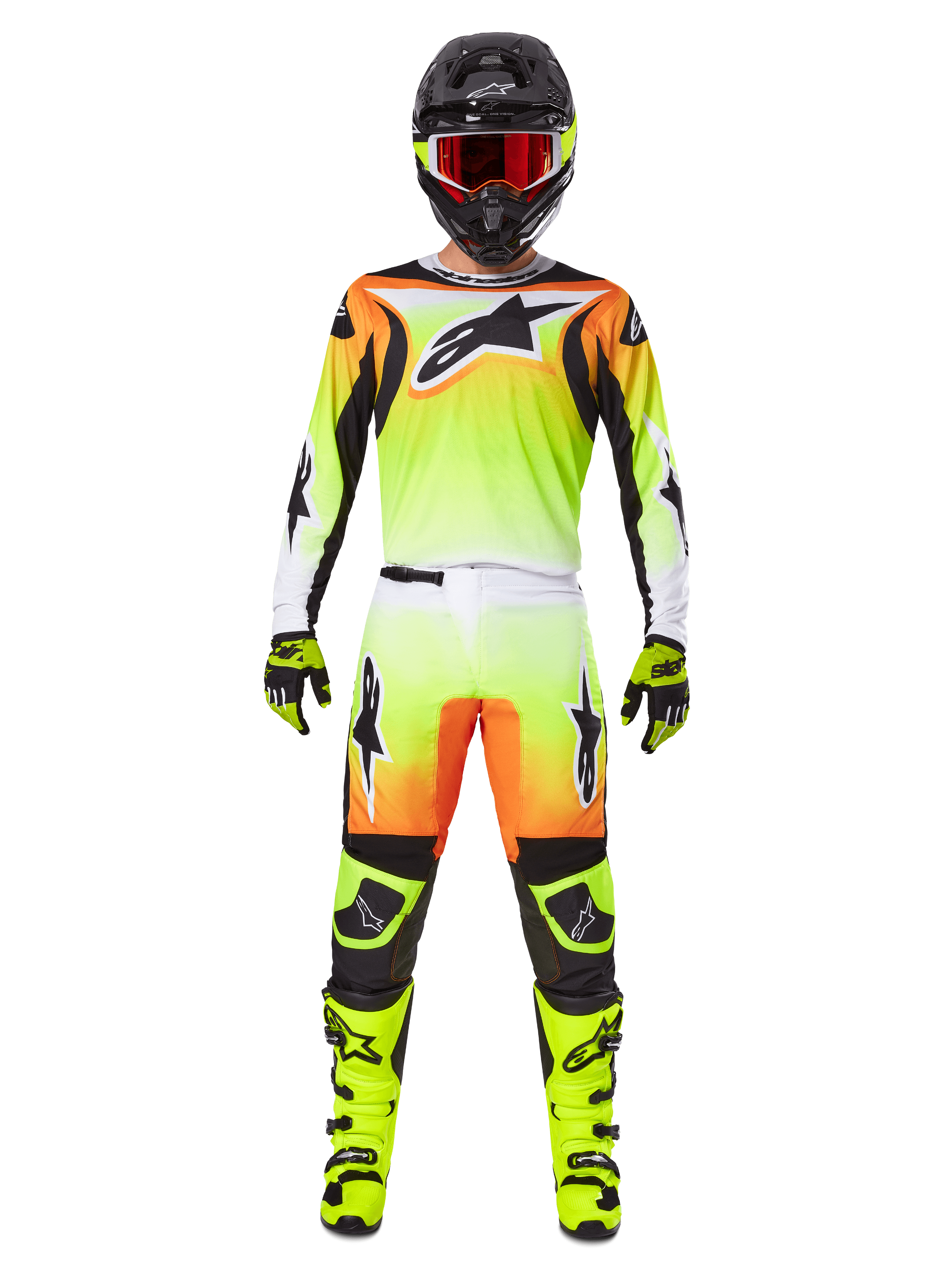 Alpinestars 2025 Fluid Wurx Hose, Motocross-Hose, Gelb und Schwarz mit orange-weißem Farbverlauf, kombiniert mit passendem Trikot, leuchtend gelben Stiefeln und schwarzem Helm mit roter Brille, komplette Motocross-Rennausrüstung