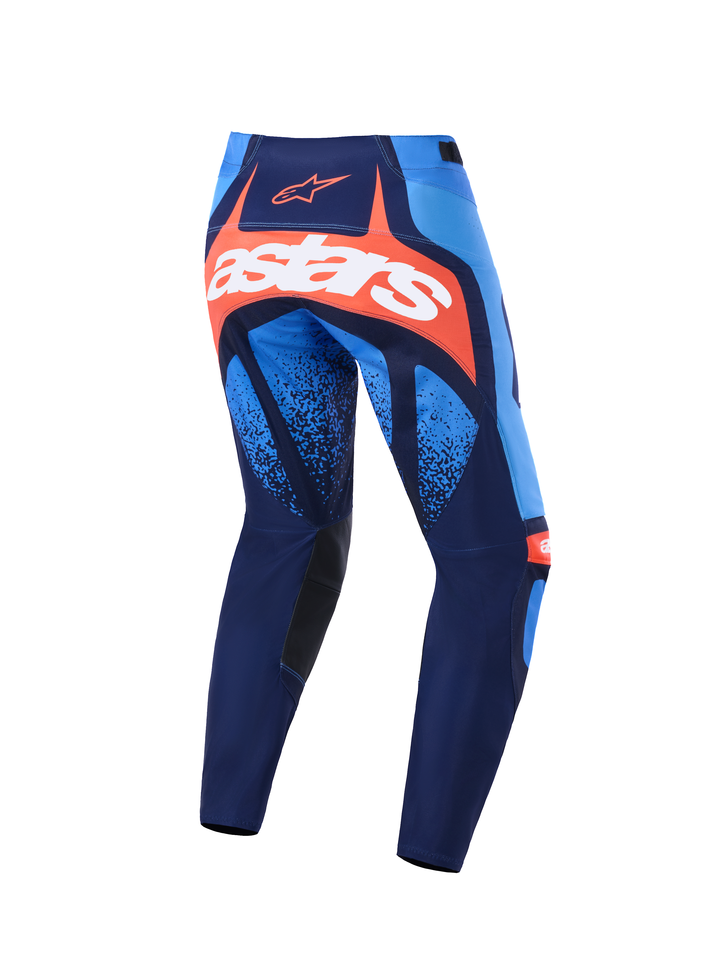 Alpinestars 2026 Techstar Nomur Hose, Motocross-Hose, Dunkelblau, Orange und UCLA-Blau, Rückansicht mit einem markanten weißen Astars-Logo auf einem orangefarbenen Einsatz, Mehrpanel-Design mit hellblauen Akzenten, schwarze Knie-Innenpanele, strapazierfähige Ausrüstung für den Offroad-Rennsport.