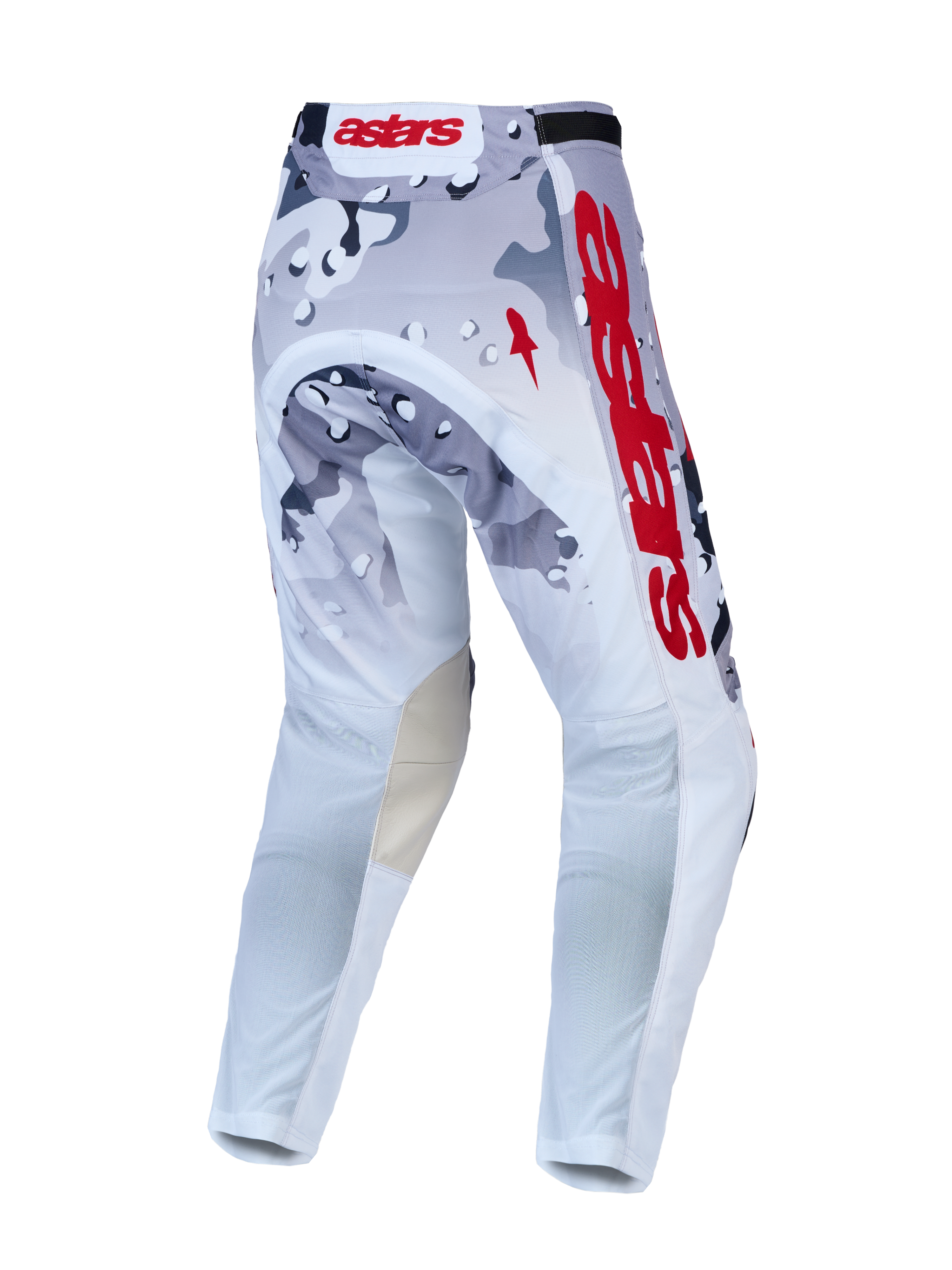 Alpinestars Racer Air Lone Motocrosshose, belüftet, Grau und Weiß mit Camouflage-Muster, rotes Branding, Rückansicht.