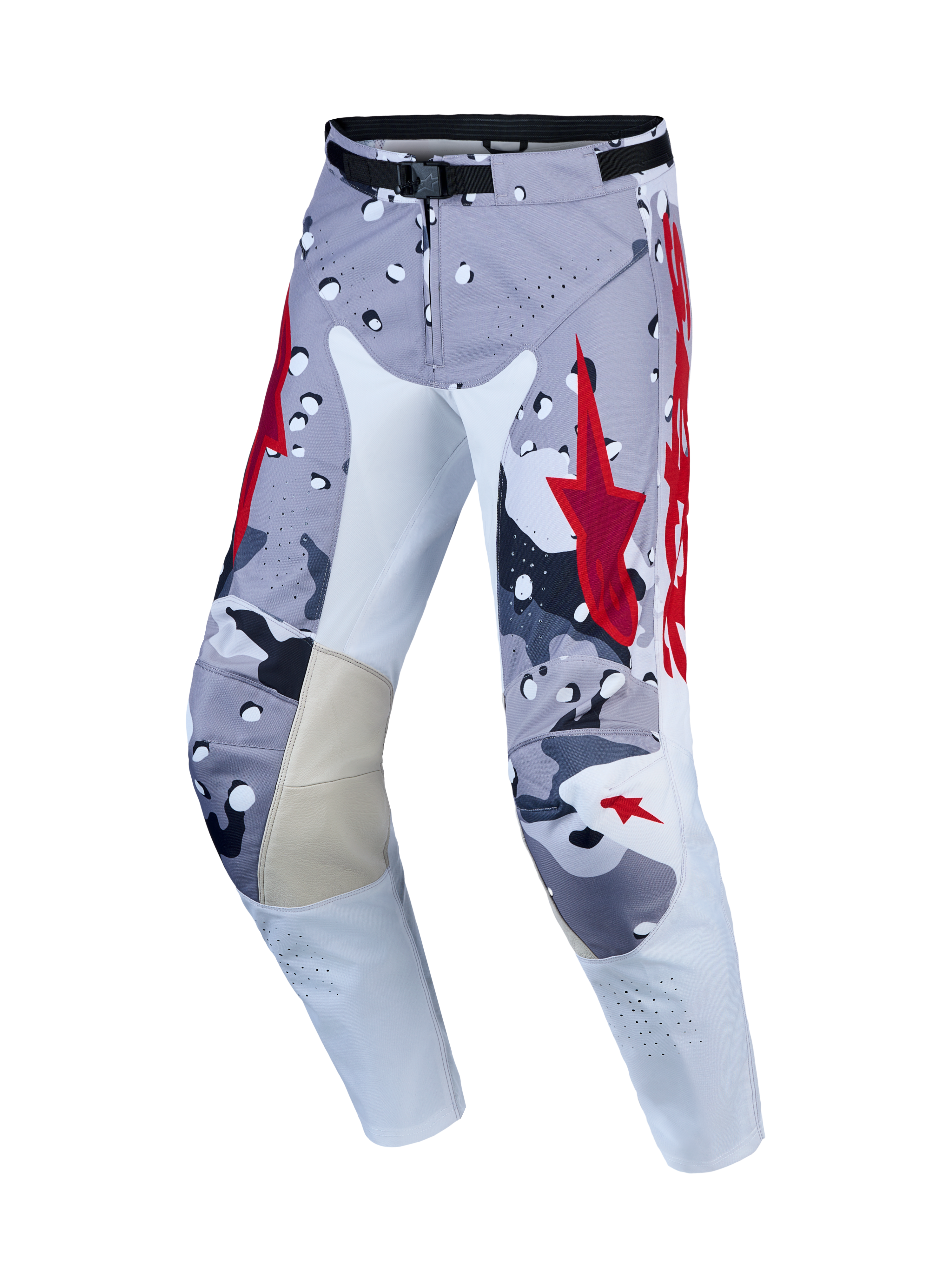 Alpinestars Racer Air Lone Hose, Herren-Motocrosshose, Grau Camo und Rot, perforiertes Gewebe mit Leder-Innenknie-Einsätzen.