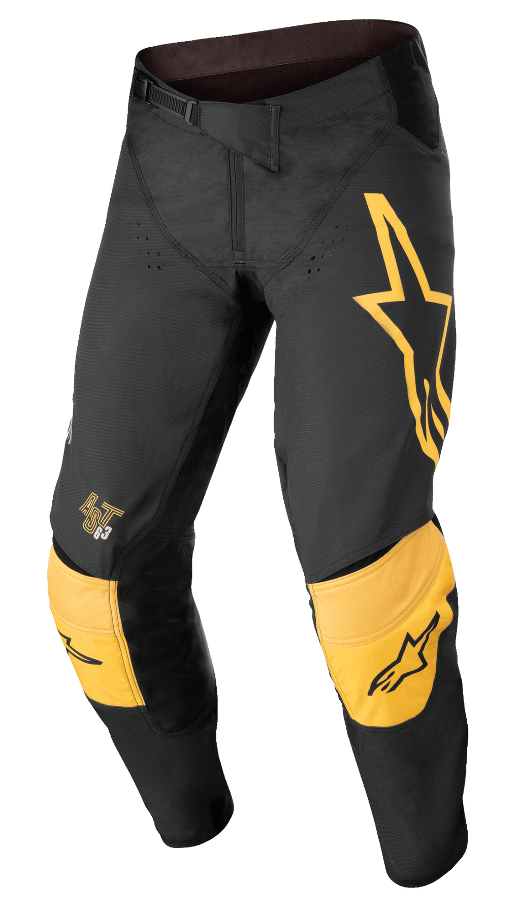 Alpinestars Techstar Quadro Hose, Motocross- und Offroad-Hose, Schwarz und Gelb mit Akzenten in Tangerine, großes gelbes Stern-Logo am linken Oberschenkel, verstärkte gelbe Kniepolster mit schwarzen Logos, Belüftungsöffnungen und ein sicherer Ratschenverschluss an der Taille für eine hochleistungsfähige Rennpassform
