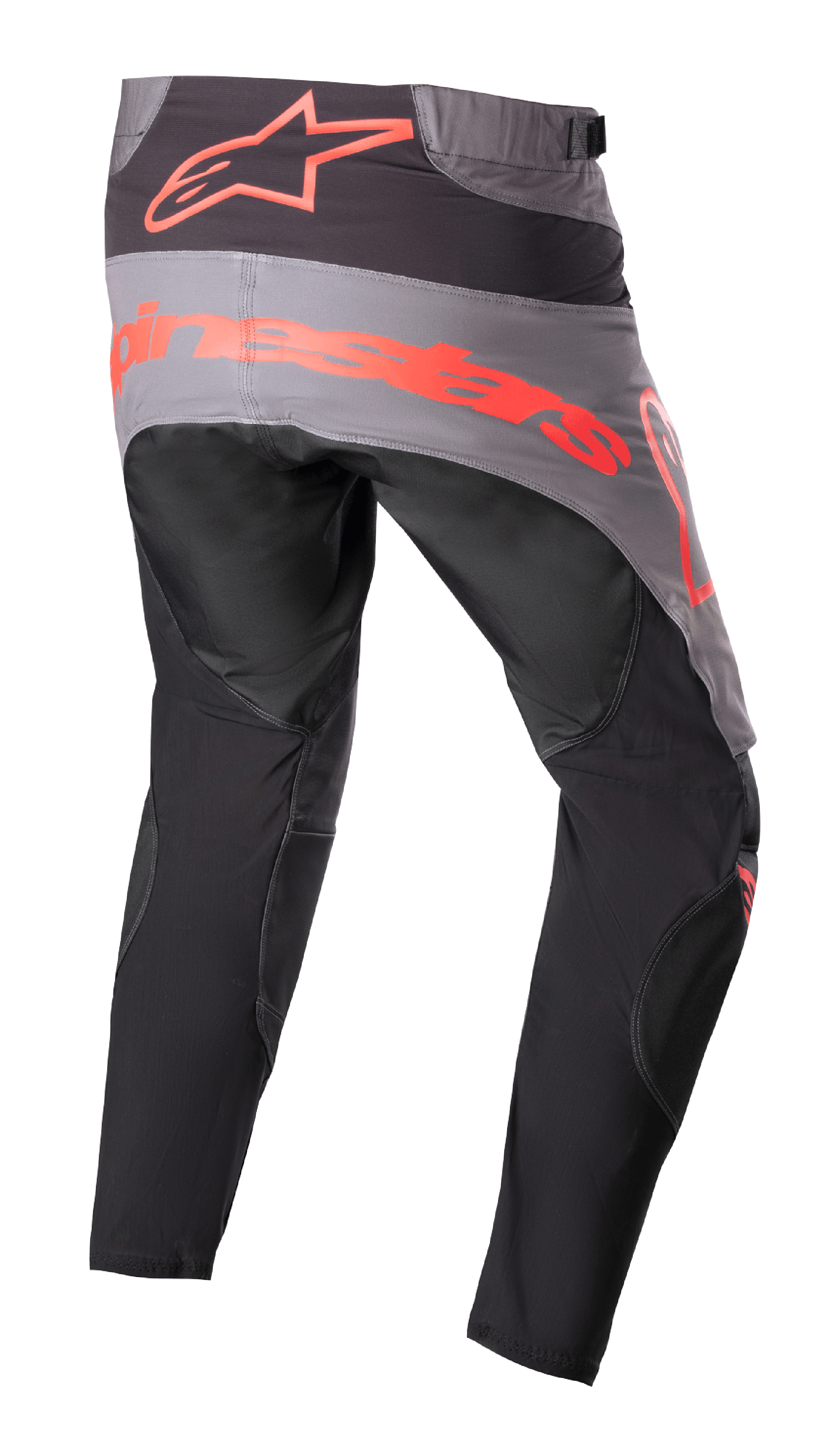 Alpinestars 2023 Techstar Sein Hose, Motocross-Hose, Schwarz und Neonrot, Rückansicht mit grauem Gesäßbereich und großem neonroten Branding, ergonomisch vorgeformte Beine und strapazierfähige Textilkonstruktion für Offroad-Performance.