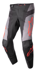 Alpinestars 2023 Techstar Sein Hose, Motocross-Hose, Schwarz und Grau mit neonroten Sterngrafiken, perforierte Belüftungszonen, magnetische Taillenschnalle und verstärkte 3D-Babel-Kniekonstruktion für Offroad-Performance.
