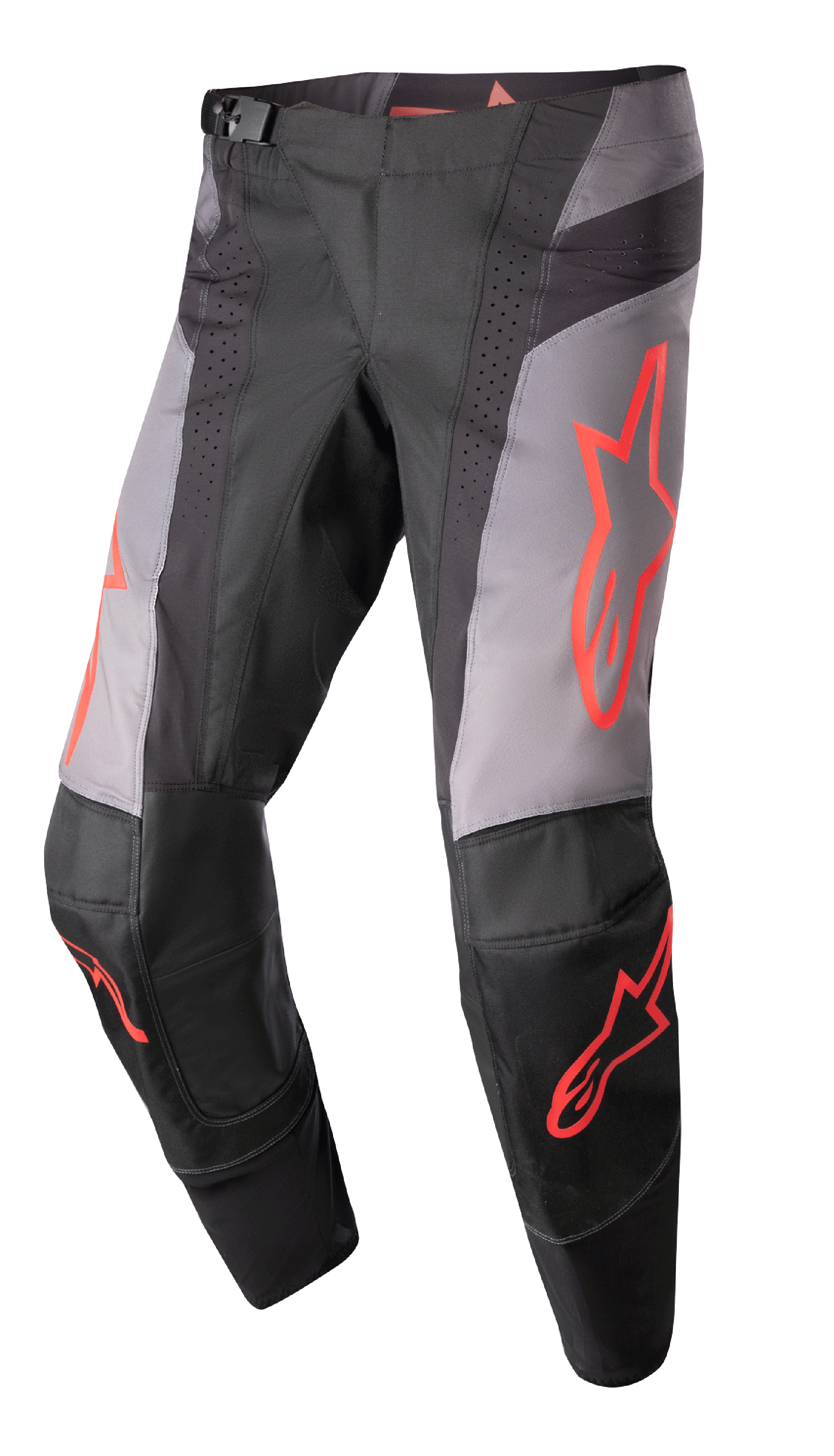 Alpinestars 2023 Techstar Sein Hose, Motocross-Hose, Schwarz und Grau mit neonroten Sterngrafiken, perforierte Belüftungszonen, magnetische Taillenschnalle und verstärkte 3D-Babel-Kniekonstruktion für Offroad-Performance.