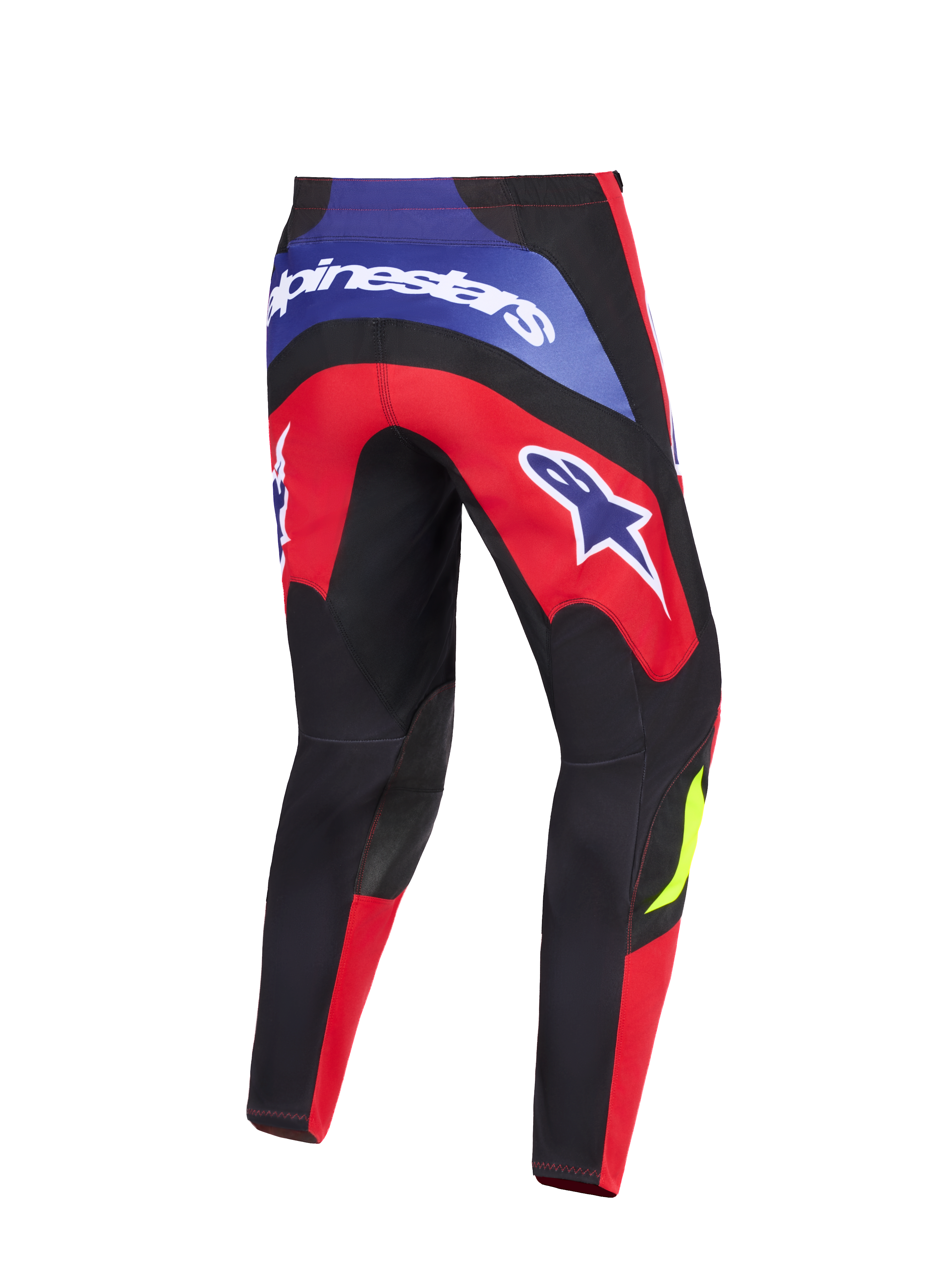 Alpinestars 2026 Fluid Grid Pants, Motocross Pants, Red Black and Purple, rear view featuring bold Alpinestars branding on the back yoke and thighs, reinforced black knee panels and ergonomic sport-fit design for off-road riding
