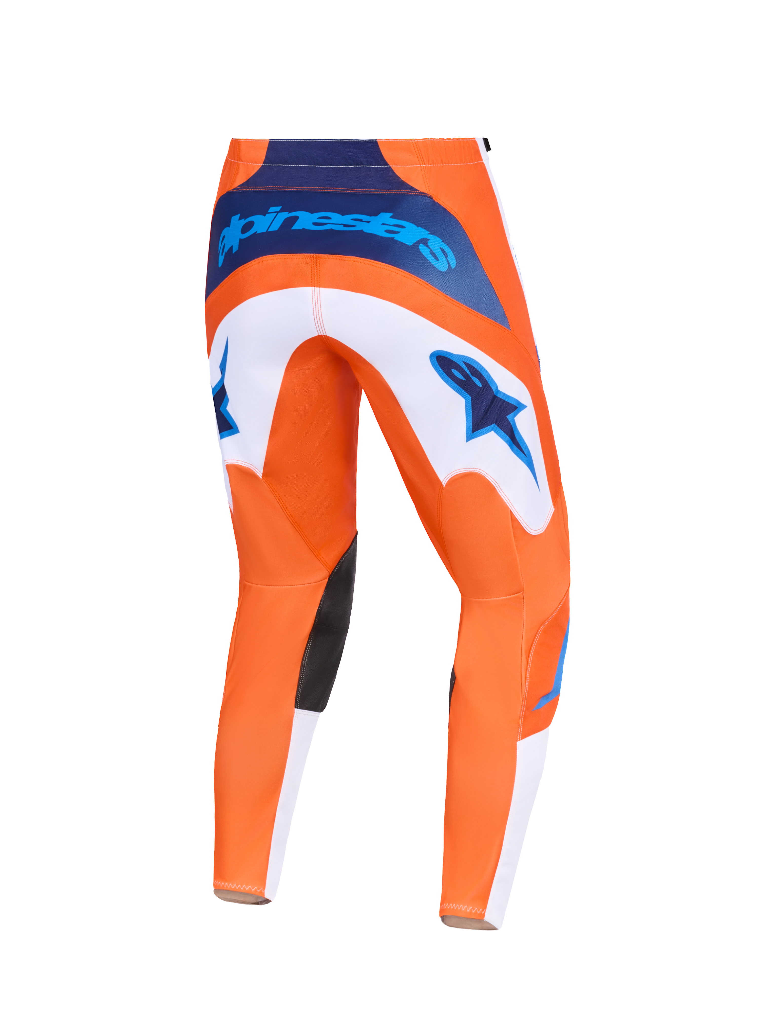 Alpinestars 2026 Fluid Grid Pants, Motocross Pants, Orange and UCLA Blue, back view featuring white panels with blue star logos, navy blue waist branding, and black inner knee patches, durable design for off-road racing