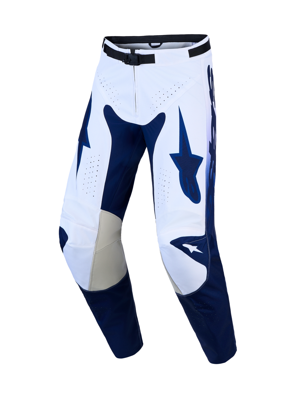 Alpinestars Racer Air Amber Hose, Motocross-Hose für Herren, Weiß und Blau, mit perforierter Belüftung und Leder-Knieeinsätzen für Offroad-Fahrten.