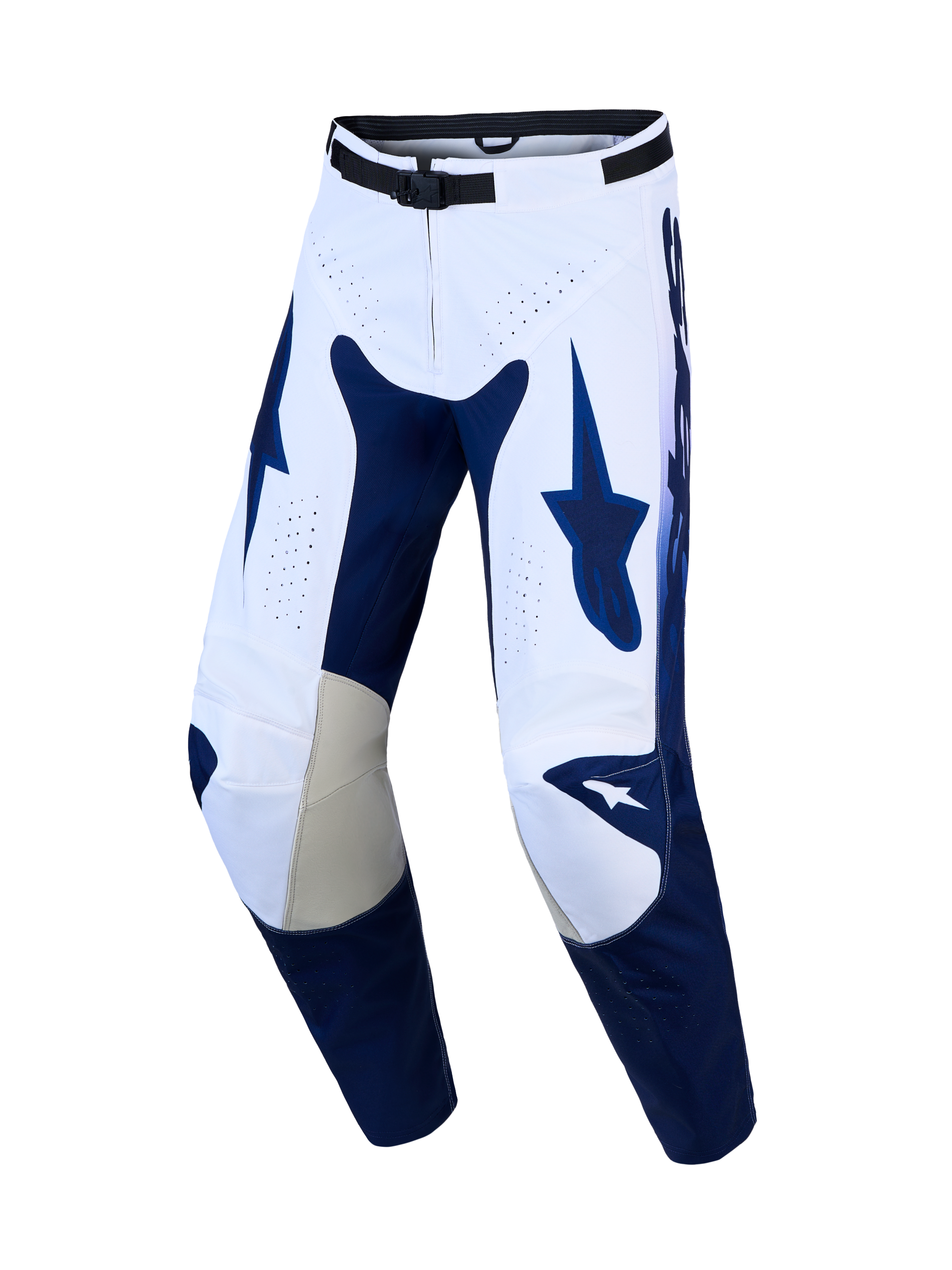 Alpinestars Racer Air Amber Hose, Motocross-Hose für Herren, Weiß und Blau, mit perforierter Belüftung und Leder-Knieeinsätzen für Offroad-Fahrten.