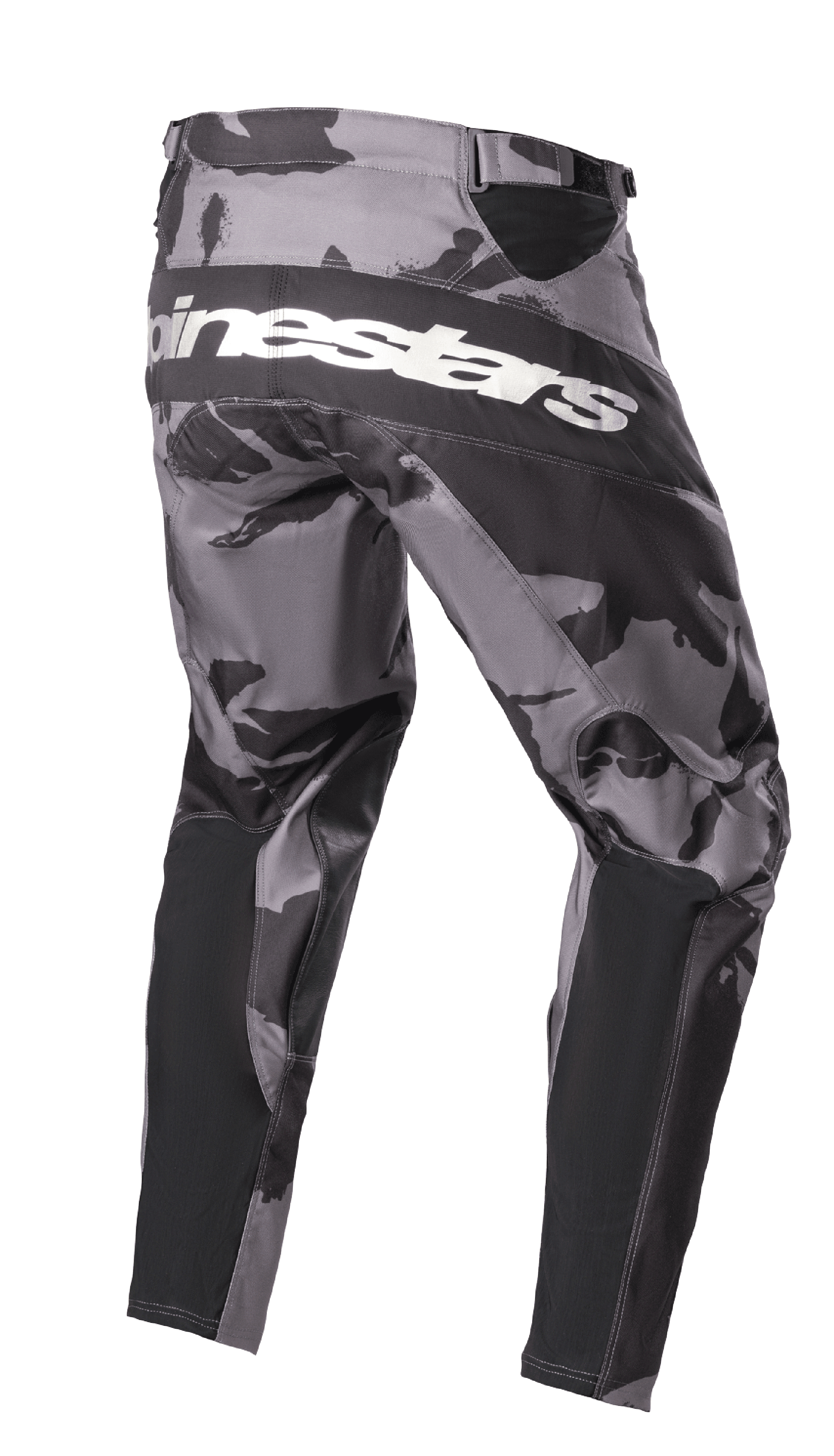 Alpinestars 2023 Racer Tactical Pants, Motocross Pants, Iron Camo gray and black camouflage, rear view featuring white Alpinestars branding across the seat, black reinforced panels, and technical stretch zones for off-road riding.