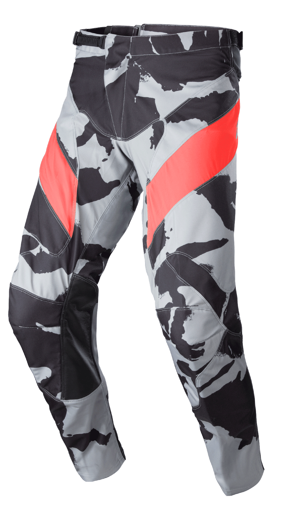 Alpinestars 2023 Racer Tactical Hose, Motocross- und Off-Road-Hose, Cast Gray Camo- und Schwarz-Muster mit diagonalen Akzenten in Mars Red, lederverstärkte Innenbein-Paneele, Ratschenverschluss an der Taille, ergonomisches, vorgeformtes Design für das Off-Road-Fahren