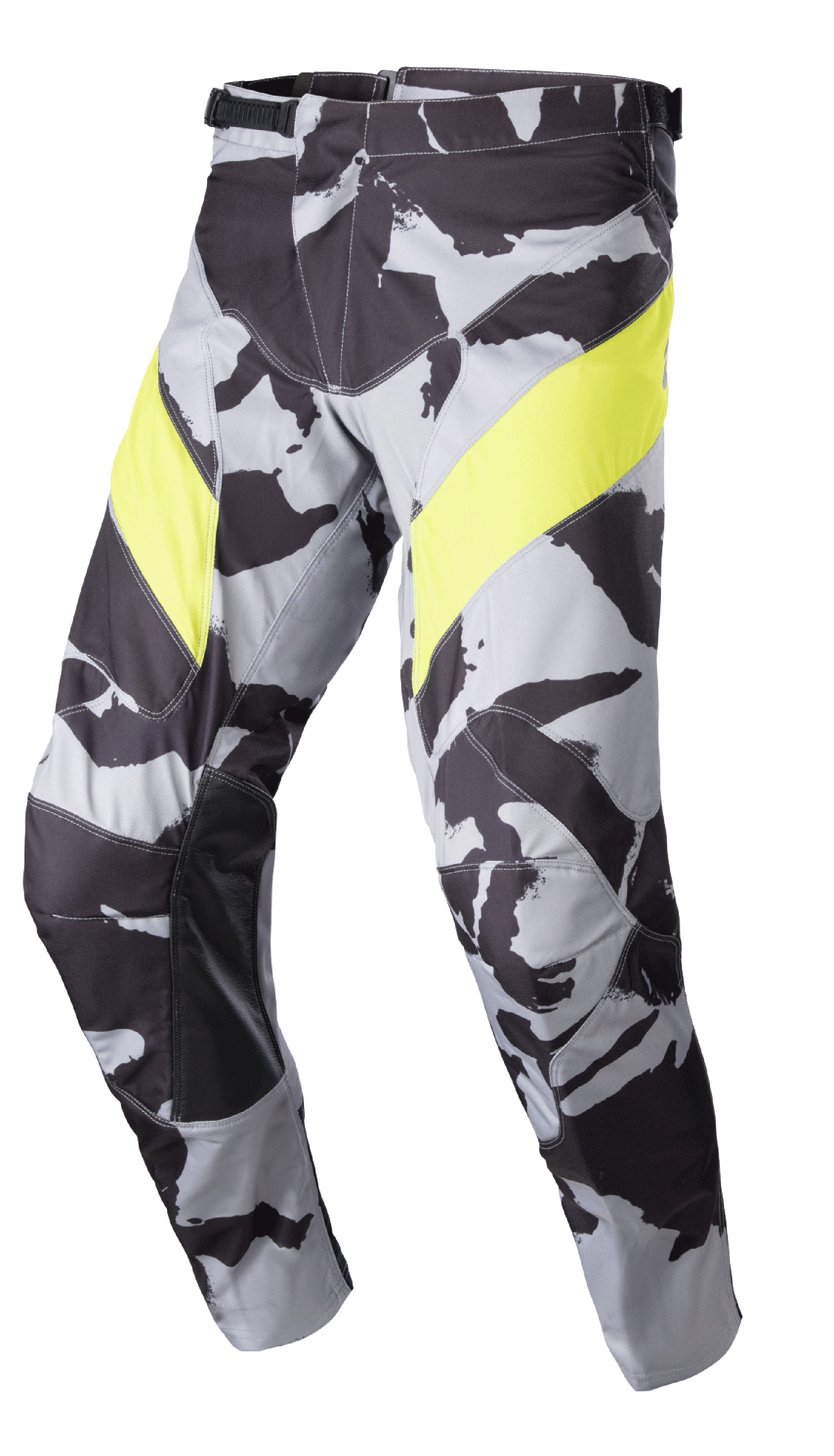 Alpinestars 2023 Racer Tactical Hose, Motocross-Hose, Cast Gray Camo und Yellow Fluo, mit einem grauen Tarnmuster und auffälligen gelben Oberschenkel-Einsätzen, Knieverstärkungen aus schwarzem Leder auf der Innenseite und einem Ratschenverschluss an der Taille für den Offroad-Rennsport.