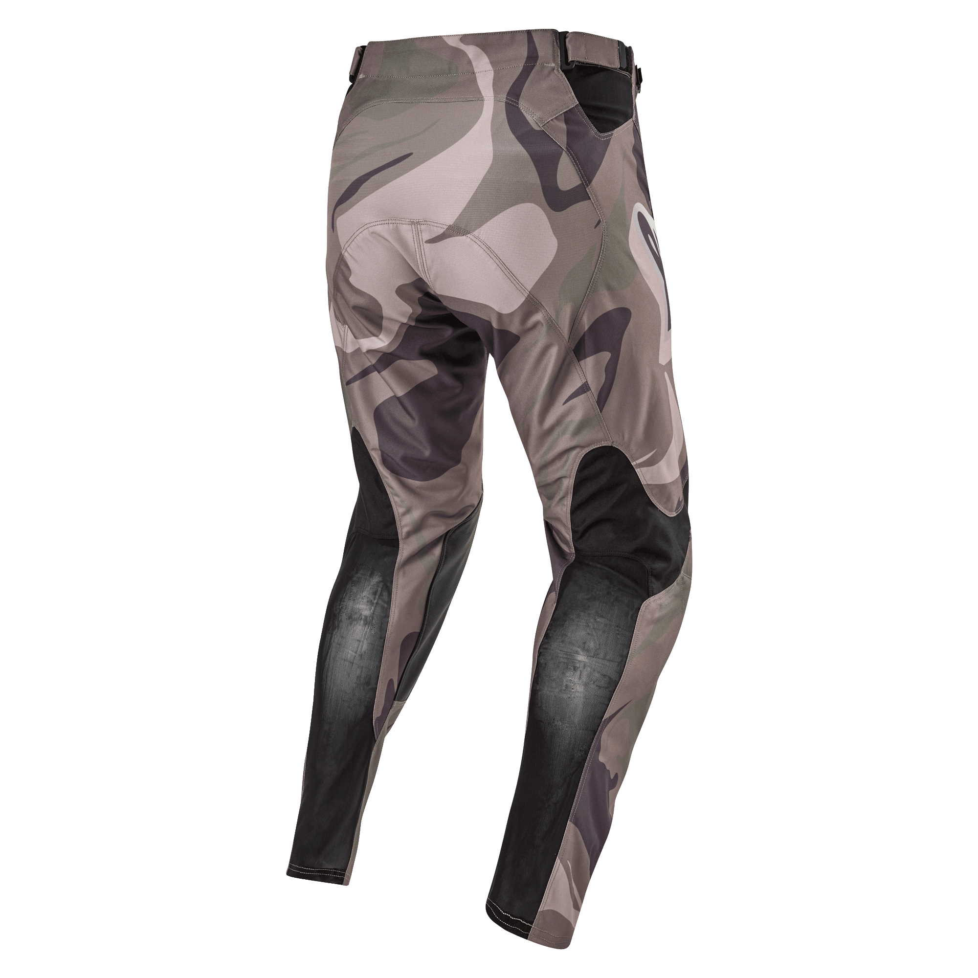 Alpinestars 2024 Racer Tactical Hose, Motocross-Hose, Military Green Camo Brown, Rückansicht mit schwarzen atmungsaktiven Stretch-Einsätzen an den Unterschenkeln und Camouflage-Design, strapazierfähiges Textil für Offroad-Rennsport