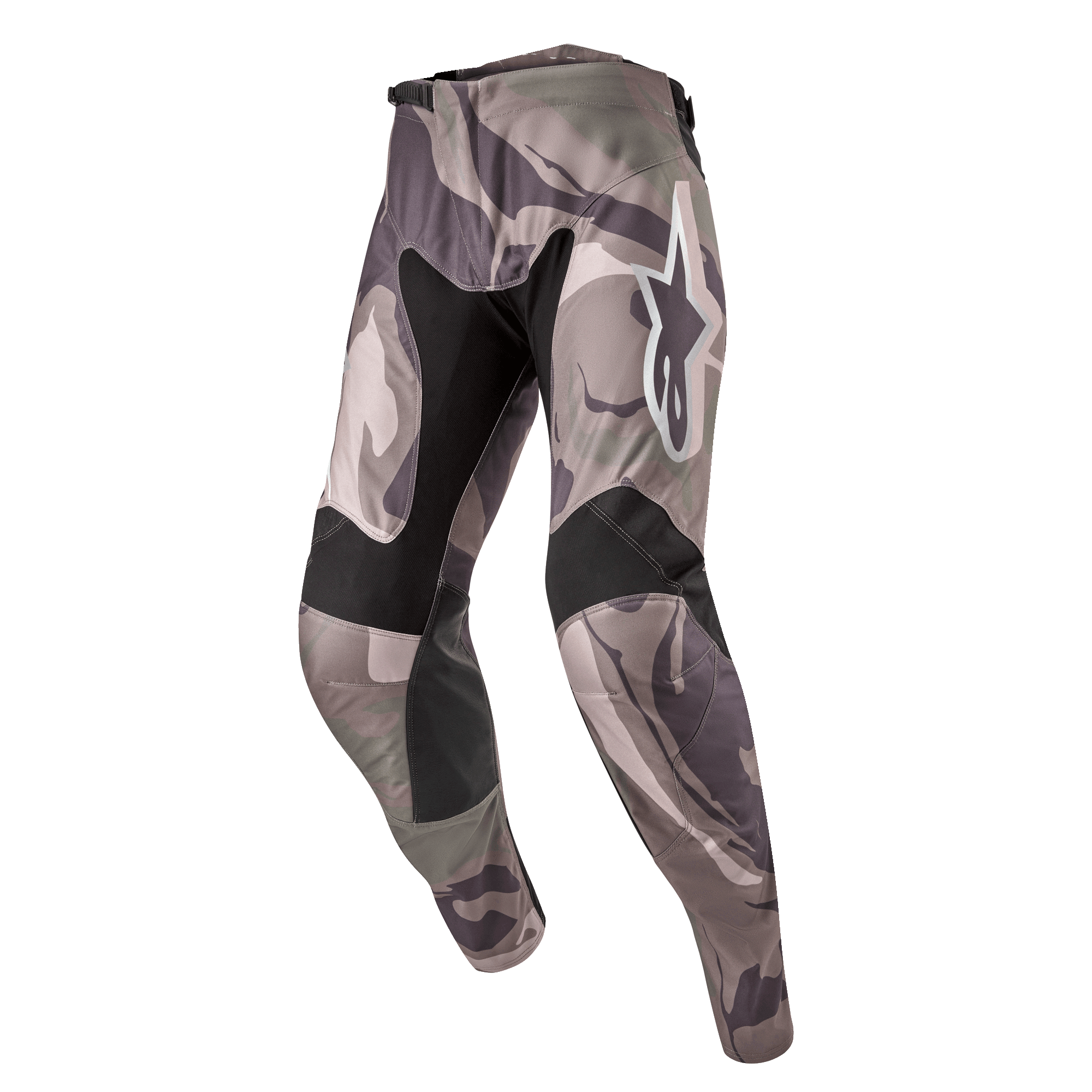 Alpinestars 2024 Racer Tactical Hose, Motocross-Hose, Military Green Camo Brown Tarnmuster, schwarze Stretcheinsätze an Oberschenkelinnenseiten und Knien, weißes Alpinestars-Logo am Oberschenkel, ergonomisches vorgeformtes Design für Offroad-Rennen