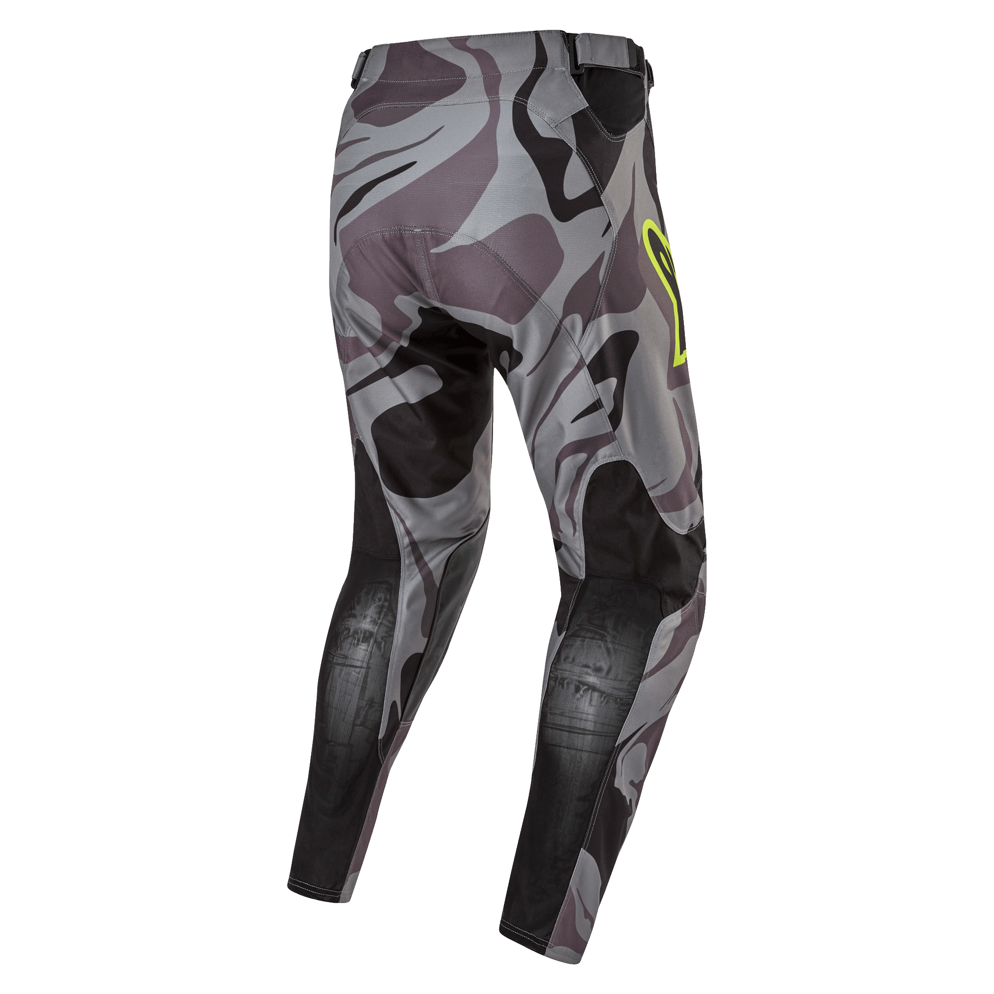 Alpinestars 2024 Racer Tactical Hose, Motocross-Hose, Cast Gray Camo Magnet, Rückansicht mit grauem Camouflage-Muster und schwarzen verstärkten Einsätzen, gelber Logo-Akzent an der Hüfte, technisches Ripstop-Material für den Offroad-Rennsport
