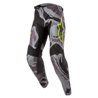Alpinestars 2024 Racer Tactical Hose, Motocross-Hose, Cast Gray Camo Magnet, grau-schwarzes Tarnmuster mit neongelbem Alpinestars-Logo, schwarze Einsätze an den Oberschenkelinnenseiten und Knien, vorgeformte sportliche Passform für Offroad-Rennsport