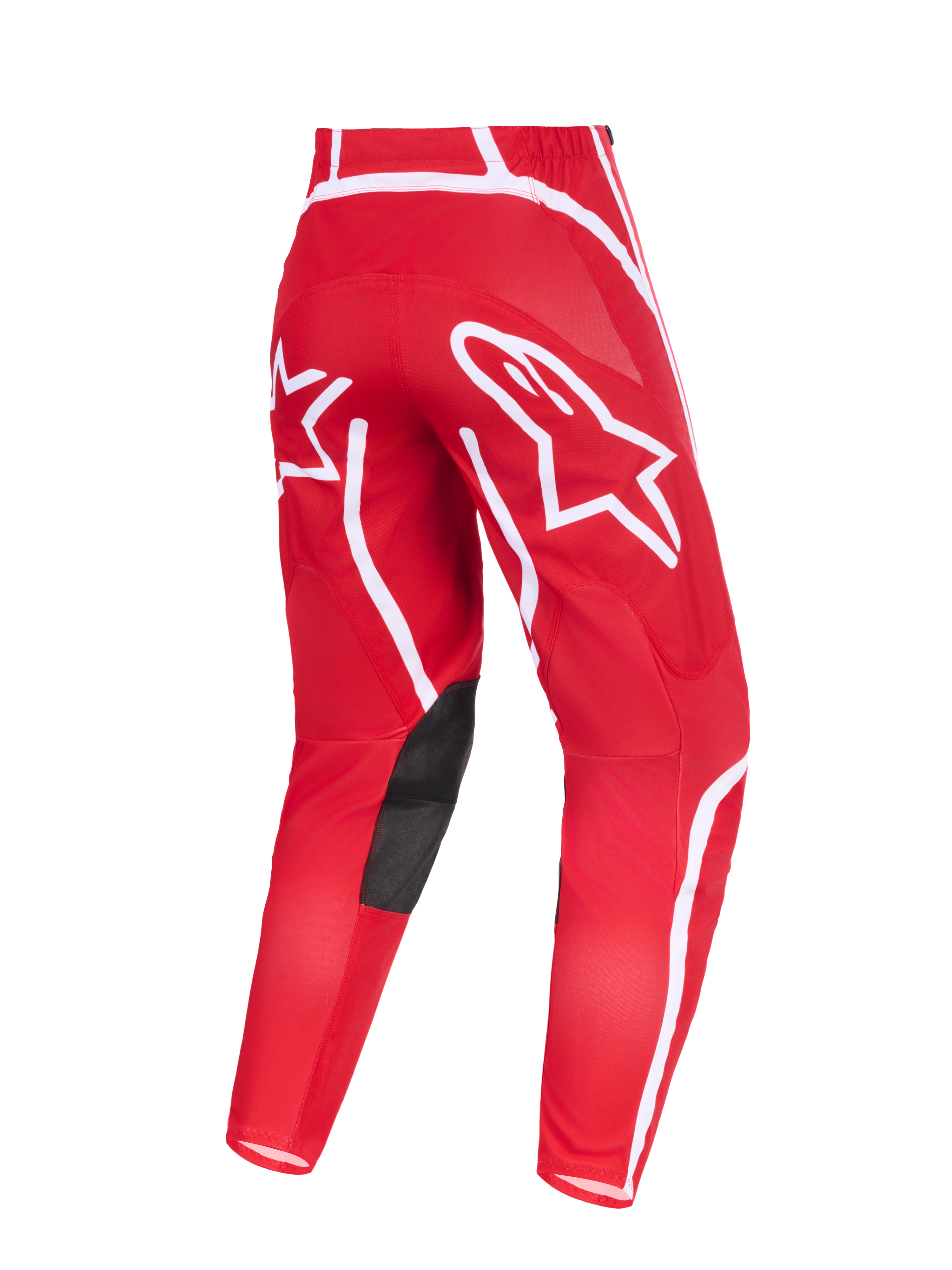 Alpinestars 2026 Fluid Apex Hose, Motocross-Hose, Rot und Weiß, Rückansicht mit markanten weißen Stern-Logos am Gesäß, schwarzen Knie-Einsätzen aus Synthetikleder und ergonomischem, vorgeformtem Design für den Offroad-Sport