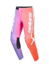 Alpinestars 2026 Fluid Apex Pants, Motocross Pants, Multicolor with purple, pink, and orange gradient, featuring white astars branding and black reinforced inner knee panels, ergonomic 3D design for off-road riding
