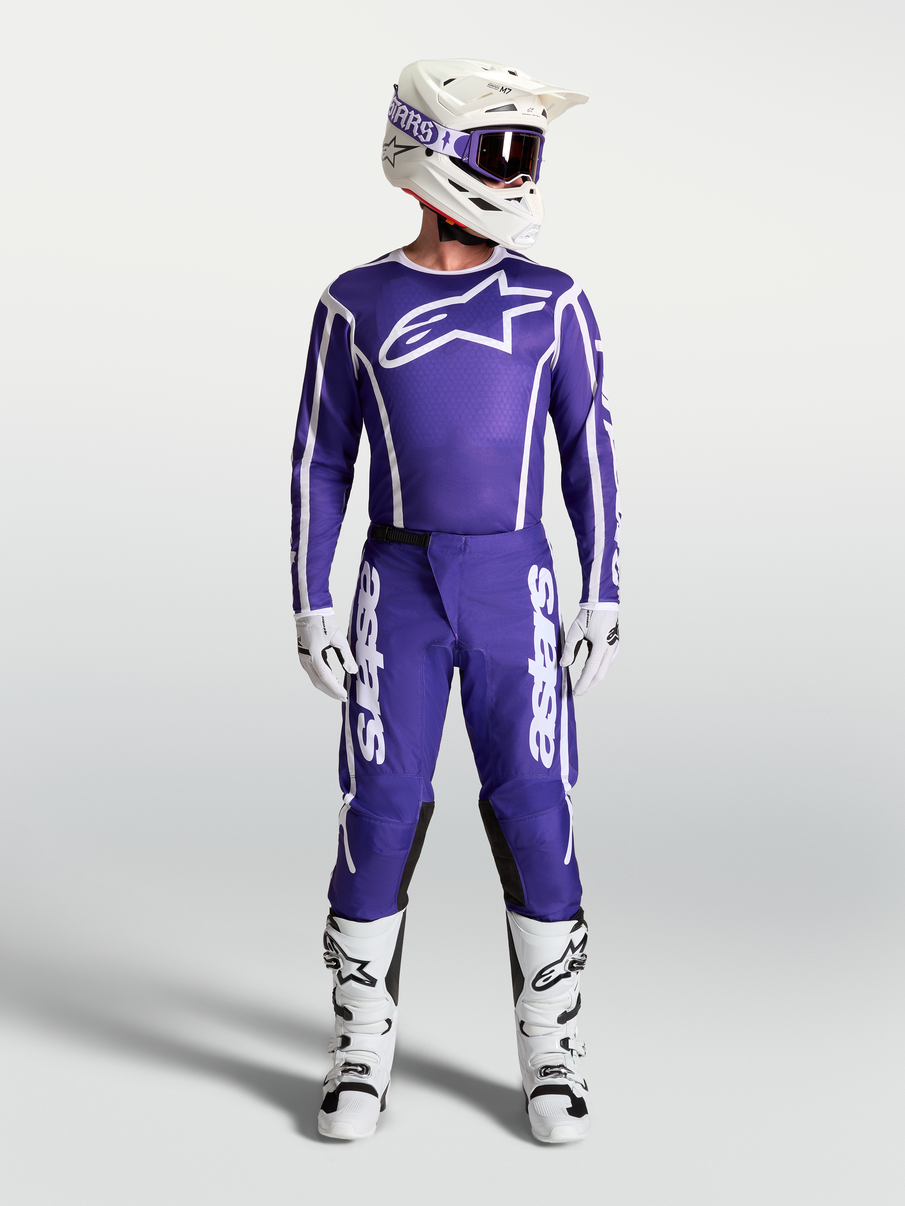 Alpinestars Fluid Apex V2 Pants, Deep Blue and White men's motocross pants shown with matching racing jersey and boots.