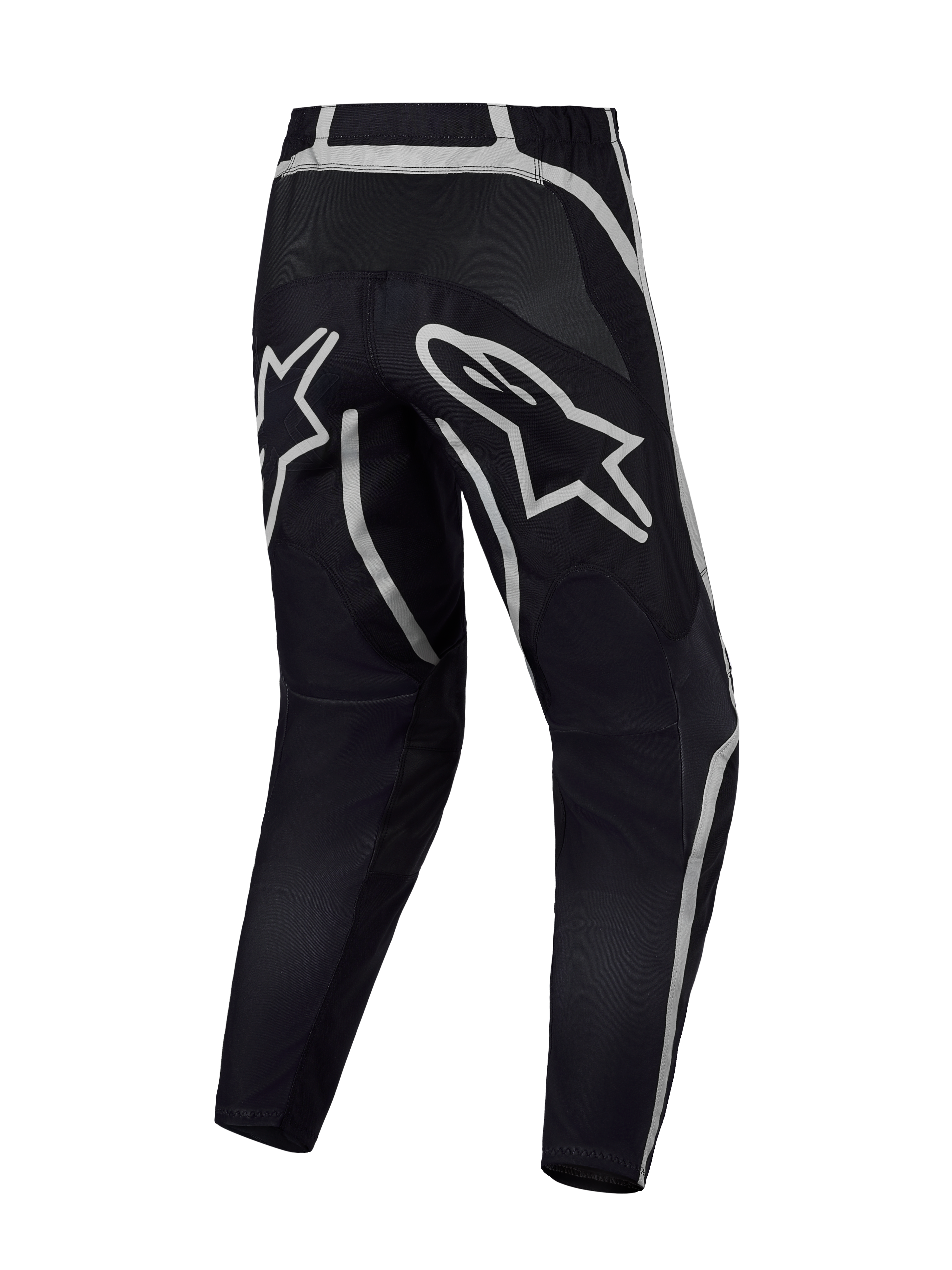Alpinestars Fluid Apex V2 Hose, Motocross-Hose in Schwarz und Silber, Rückansicht mit verstärktem Sitzbereich und A-Stars Logo.