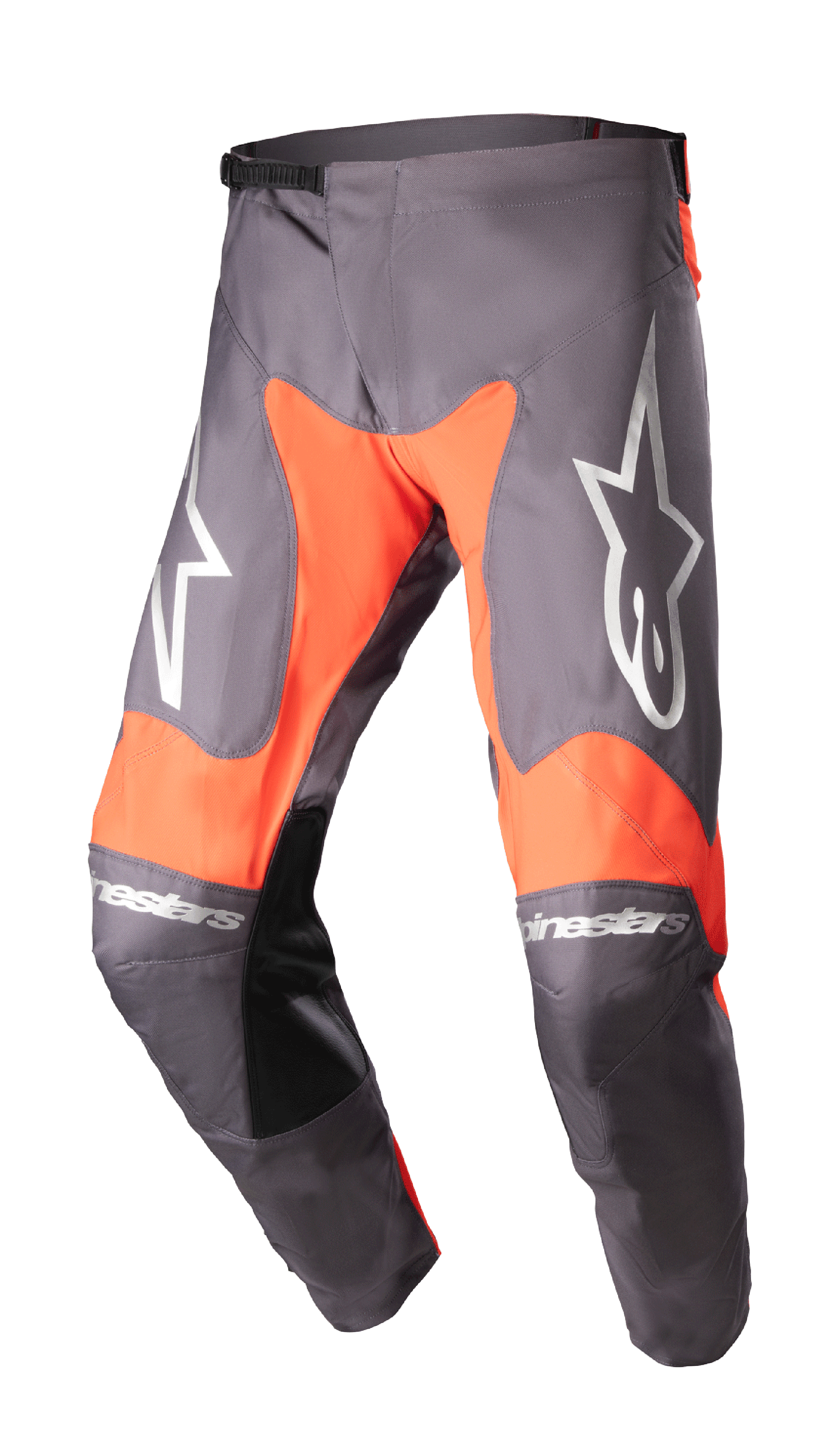 Alpinestars 2023 Racer Hoen Hose, Motocross-Hose, Magnet und Hot Orange, große weiße Sternenlogos auf den Oberschenkeln, schwarze Leder-Innenkniepanele, Ratschenverschluss am Bund, strapazierfähige Konstruktion für Offroad-Rennsport