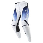 Alpinestars 2024 Racer Hoen Hose, Motocross-Hose, Weiß mit Dunkelblau und Hellblau, strapazierfähiges Material, Ratschenverschluss, Alpinestars-Logo auf den Knien, Hochleistungs-Offroad-Ausrüstung